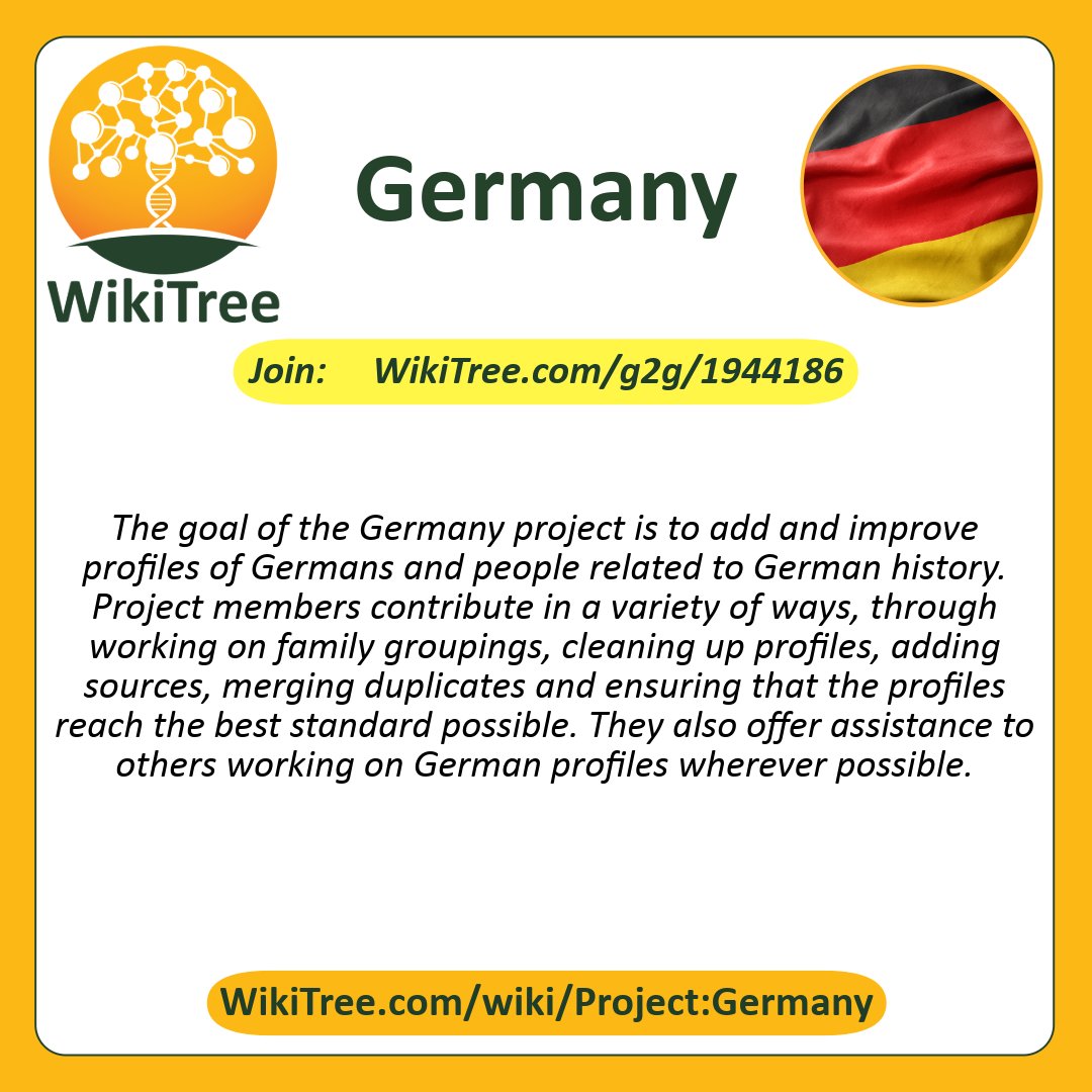 WikiTreers's tweet photo. Project Showcase: Germany
This project was started on WikiTree in 2015 and has 341 members
https://t.co/zPJ6WqhYbI

#CollaborativeGenealogy https://t.co/mf0HmJz3di