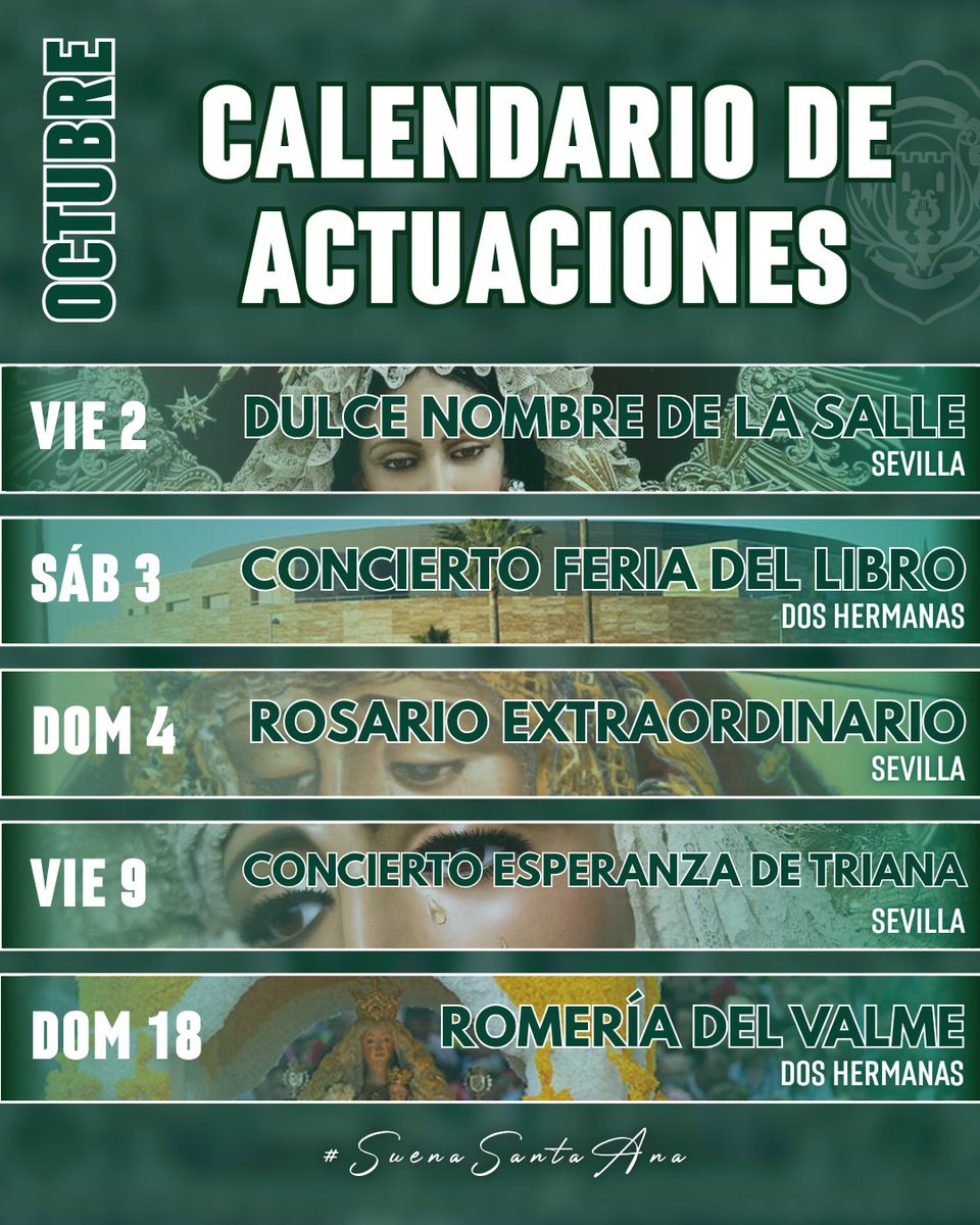 BMSantaAna's tweet photo. 📅 𝗖𝗔𝗟𝗘𝗡𝗗𝗔𝗥𝗜𝗢 | Octubre

Octubre llega cargado de música, con diez citas entre Sevilla, Dos Hermanas y Alcalá de Guadaíra, y con un protagonismo especial para nuestra Banda Juvenil

🔛 Comenzamos con un intenso fin de semana el viernes 2 en #Sevilla, acompañando al @DulceNombredLS. El sábado 3 estaremos en casa con un concierto de bandas sonoras en la Feria del Libro de @aytodoshermanas, y el domingo 4 regresaremos a #Sevilla para participar en el Rosario Extraordinario de María Santísima de Regla de @HdadPanaderos, tanto por la mañana, con una camerata como por la tarde, con #SuenaSantaAna al completo.

El viernes 9 viviremos una cita muy especial: nuestro concierto a las plantas de la Esperanza de Triana, como inicio de esta nueva etapa que nos vuelve a unir a la @EspDeTriana.

El domingo 18 llegará uno de esos días marcados en rojo en el calendario de nuestra ciudad: la Romería de @Hdad_Valme, llevando nuestra música a una de las grandes jornadas de Dos Hermanas.

🎺 La última parte del mes tendrá también mucho protagonismo para nuestra Banda Juvenil. El jueves 22 participará en el traslado de la Virgen del Rosario y Esperanza de @ConsueloSevEste, antes de que nuestra Banda la acompañe en su procesión el viernes 23.

El sábado 24 la Juvenil estará presente en el concierto de Arteportadas, el domingo 25 acompañará el Rosario de la Virgen del Amparo de @PasionDHoficial y cerrará el mes el viernes 30, tras la Esperanza de los Panaderos en Alcalá de Guadaíra.

📍 Diez citas, dos bandas y un mes entero para seguir haciendo lo que más nos gusta.

#SuenaSantaAna en Octubre