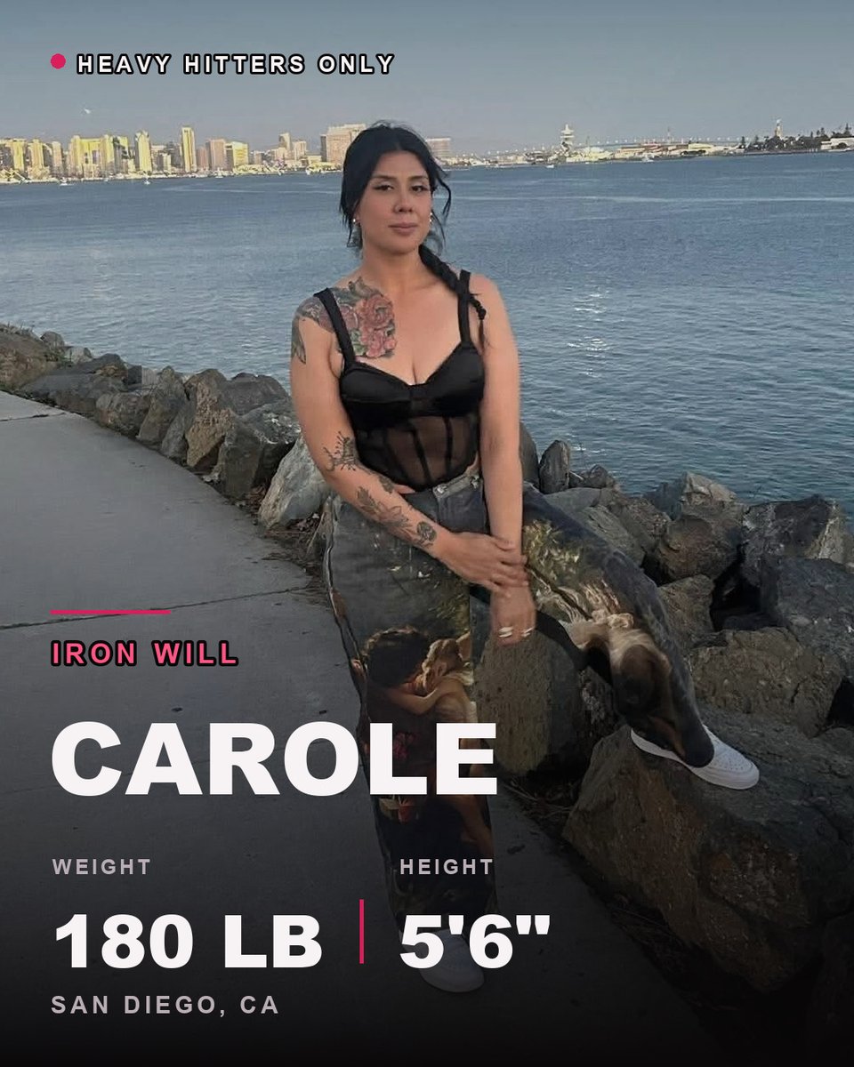 HeavyHittersOnl's tweet photo. Jamie vs Carole, the tale of the tape.

Jamie, Cold Blood: 150 lb, 5'4", 7-1.
Carole, Iron Will: 180 lb, 5'6", 0-0.

30 pounds between them. Saturday, October 17, San Diego.

Who you got? https://t.co/eHE159tp6f