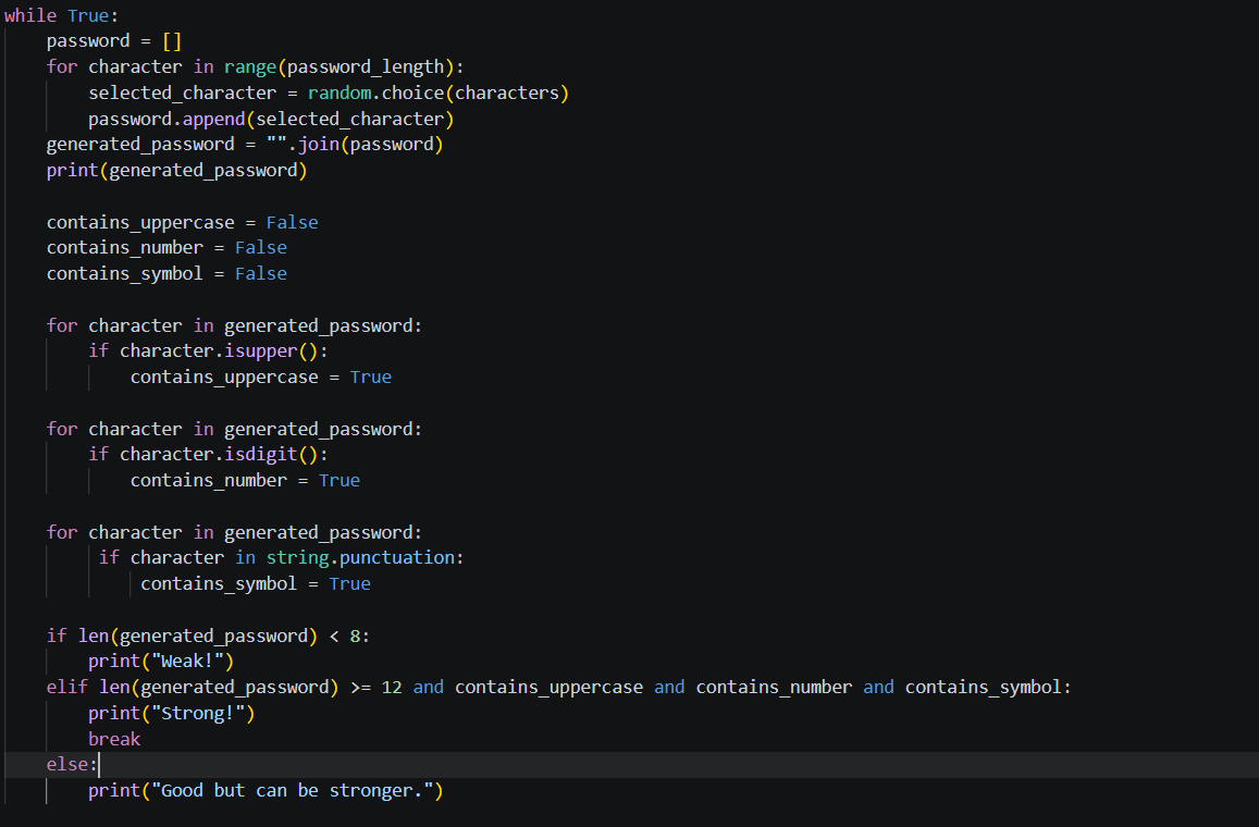 Temiloluwaco's tweet photo. Day 8 is here.
Built a password generator which asks the user for a length, checks for uppercase letters, numbers and symbols,and keeps generating until a strong password is generated.
Engage please, thank you๐.
#30DaysOfCode #Python #BuildInPublic https://t.co/lci0kl9bW8
