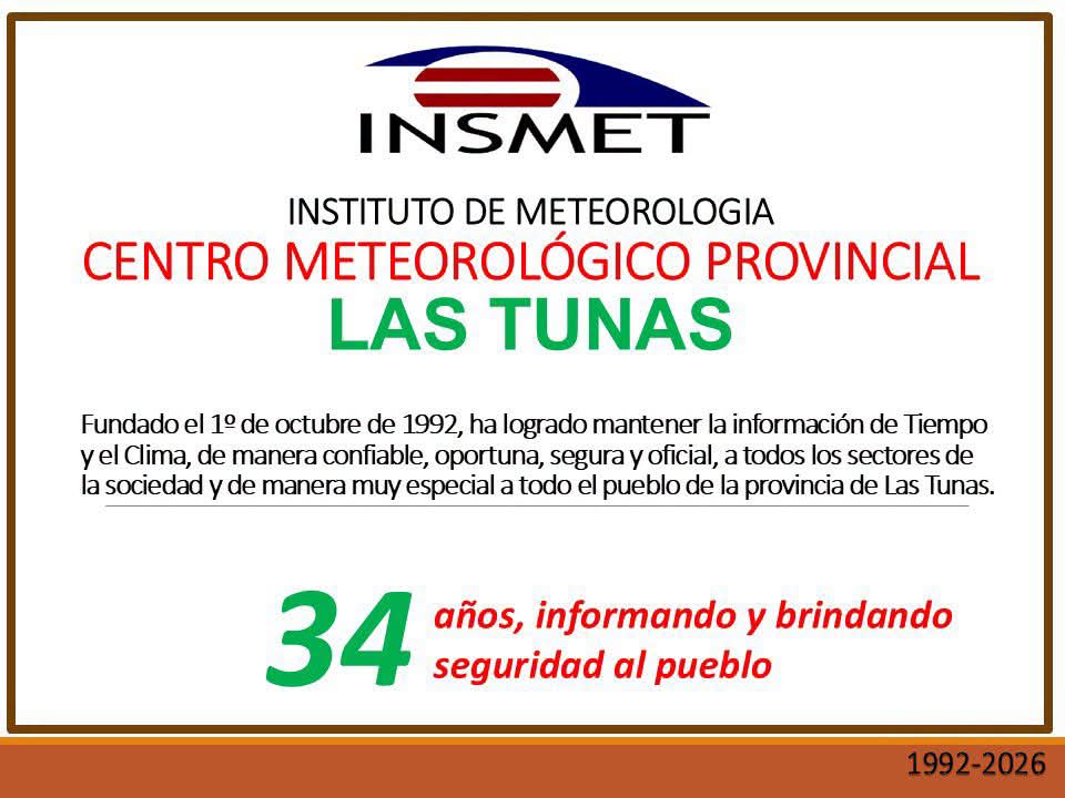 JorgeRRRuiz's tweet photo. Muchas felicidades para todos los trabajadores del Centro Meteorológico de #LasTunas por su 34 años de fundación y al servicio y cuidado de todos los tuneros de los fenómenos meteorológicos. #PorLasTunasLaVictoria
@BureySantiago 
@LorenzoOsbel https://t.co/4ytbcNvxCC