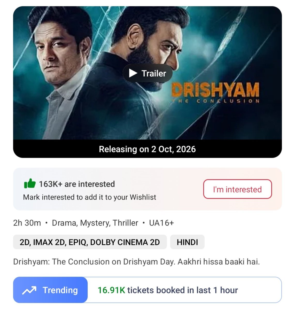 filmy_view's tweet photo. #DrishyamTheConclusion 🧨
3-4pm   
Tickets sold on BMS- 16910 
Total from 6am- 1,17,910 https://t.co/UKNQLOzYIK