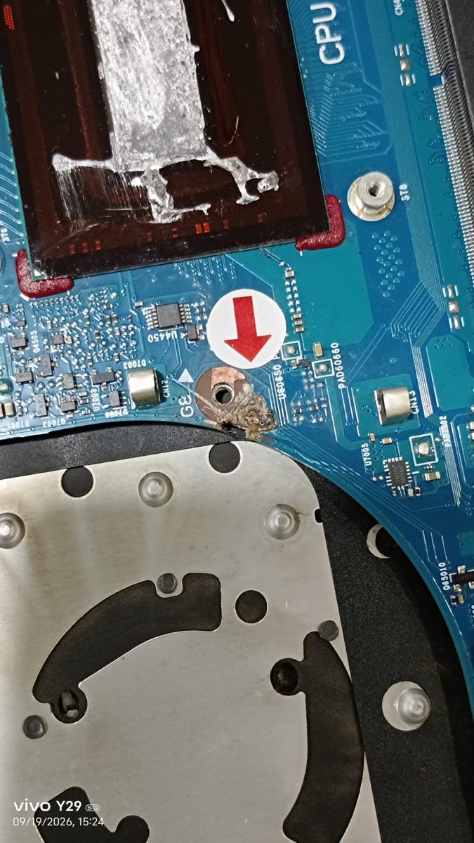 abhigaming89's tweet photo. ASUS, I trusted you. This is extremely disappointing. My ROG Strix G16 suffered a motherboard failure, and my goodwill request is being rejected over a red arrow sticker. The ASUS-authorized service center told me it was only placed to highlight the burnt/damaged PCB area. https://t.co/cHZbWMyyi4