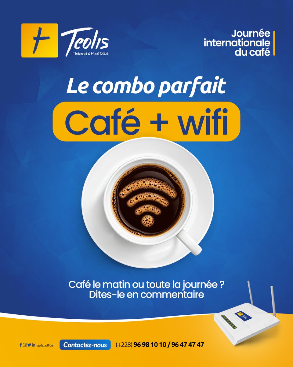 TEOLIS_Officiel's tweet photo. ☕ Journée internationale du café.
Un bon café, une connexion fiable : le duo de base de toutes nos journées de travail, au bureau comme à distance.
Et vous, comment démarrez-vous la vôtre ?
#Teolis #Internet #Teletravail #Connectivité #Togo https://t.co/IMAbBUsmk6
