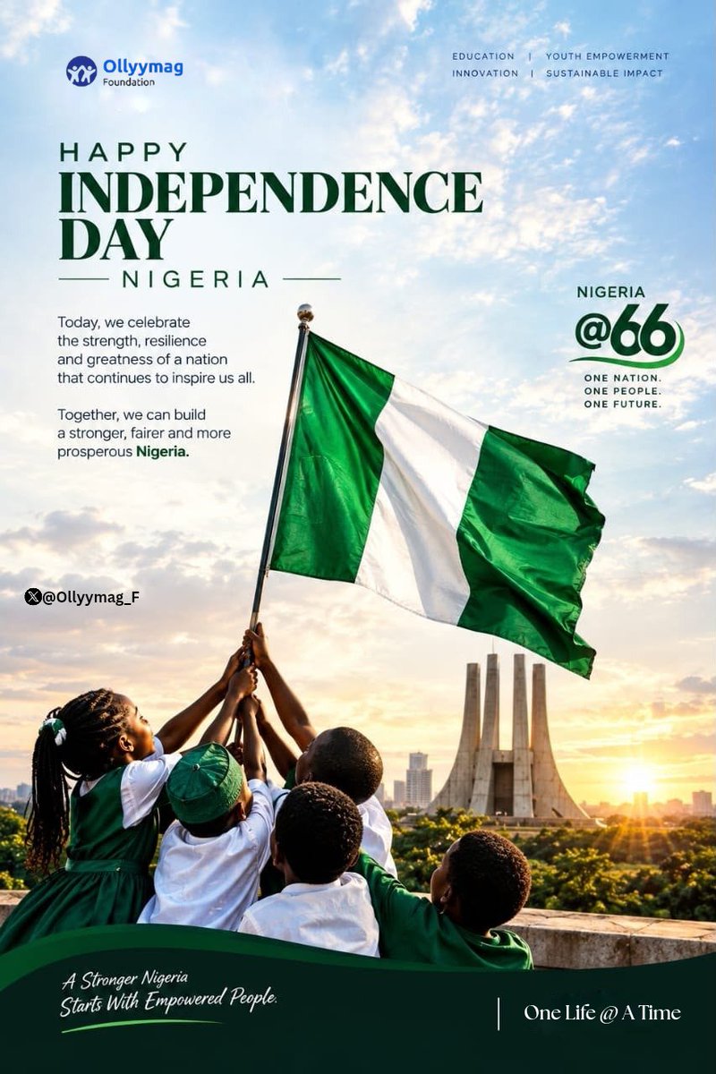 Ollyymag_F's tweet photo. Happy Independence Day, Nigeria! 🇳🇬
At Ollyymag Foundation, we believe a stronger, fairer and more prosperous Nigeria starts with empowered people. That's why we are committed to Youth Empowerment and Sustainable Impact - One Life @ A Time.

Together, we can build the Nigeria wad https://t.co/iW2Asq9J6u