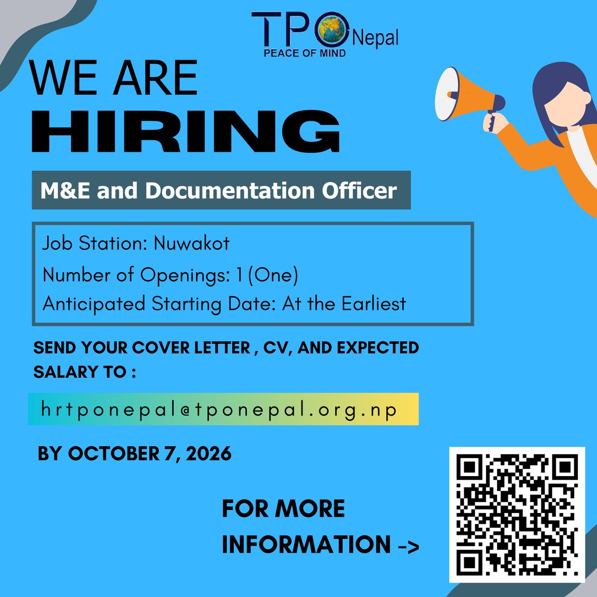 tpo_nepal's tweet photo. ๐ข Vacancy Announcement | M&E and Documentation Officer
๐ For more information and detailed requirements, please visit:
https://t.co/TVbS0V1sGE
#TPONepal #VacancyAnnouncement #M&E #MonitoringAndEvaluation #Documentation #MentalHealth #MHPSS #FloodResponse #Nuwakot https://t.co/EAJrdJ6YE1