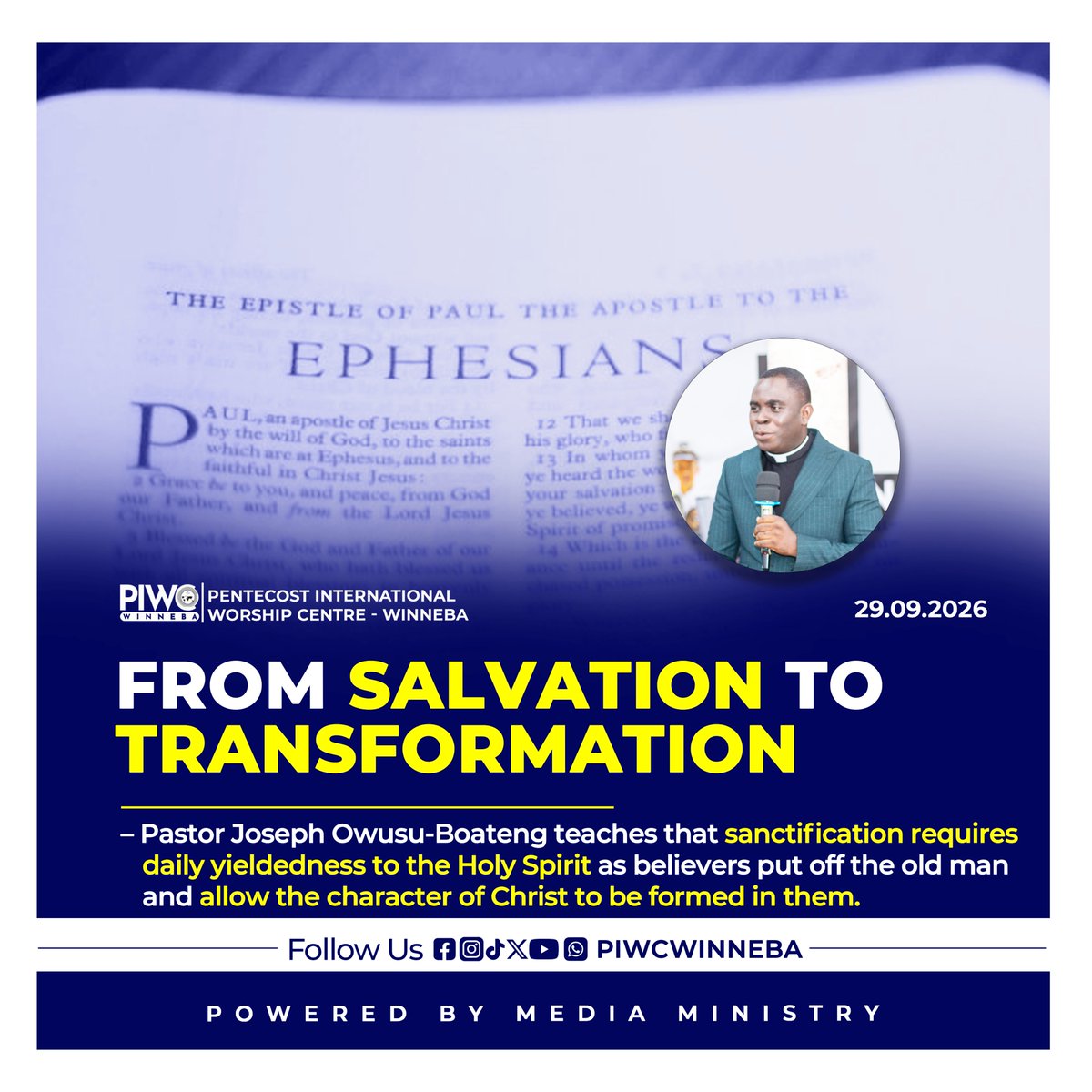 piwc_w's tweet photo. Pastor Joseph Owusu-Boateng urged Christians to move beyond regeneration into daily transformation, continually yielding to the Holy Spirit to put off the old man and reveal the character and beauty of Christ… read more: https://t.co/aLAZj9GgTp

| #PossessingTheNations | #piwcwinneba |

➖➖➖➖➖➖➖➖
> Powered By: 
> Media Ministry