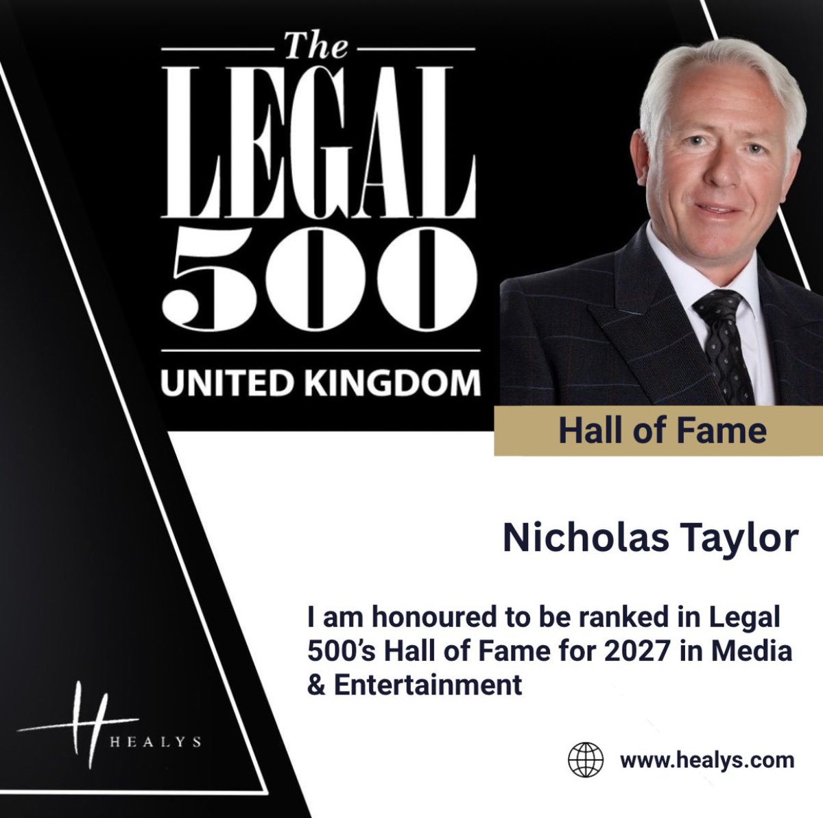 NickTaylorLLB's tweet photo. I am very honoured to have been ranked in yesterday's 2027 publication of the Legal 500 in their top tier Hall of Fame for my legal work in the Media & Entertainment Sector.
I am grateful for the continuous support from both my clients and colleagues at Healys LLP
#Legal500 #HallOfFame #Legal5002027