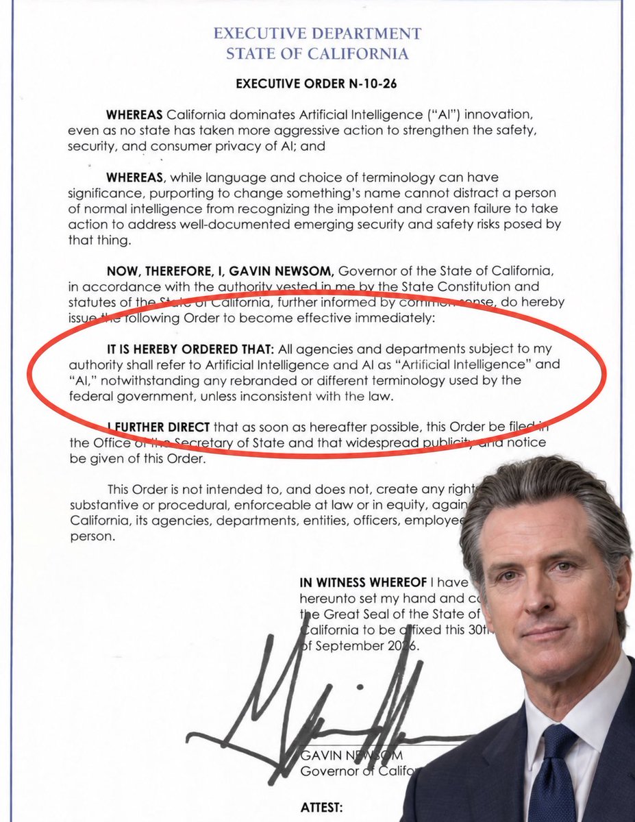 krassenstein's tweet photo. Trump is gonna be pissed. 

@GavinNewsom just signed an Executive Order to rename Super Intelligence, AI. https://t.co/HGDWFgSUL4