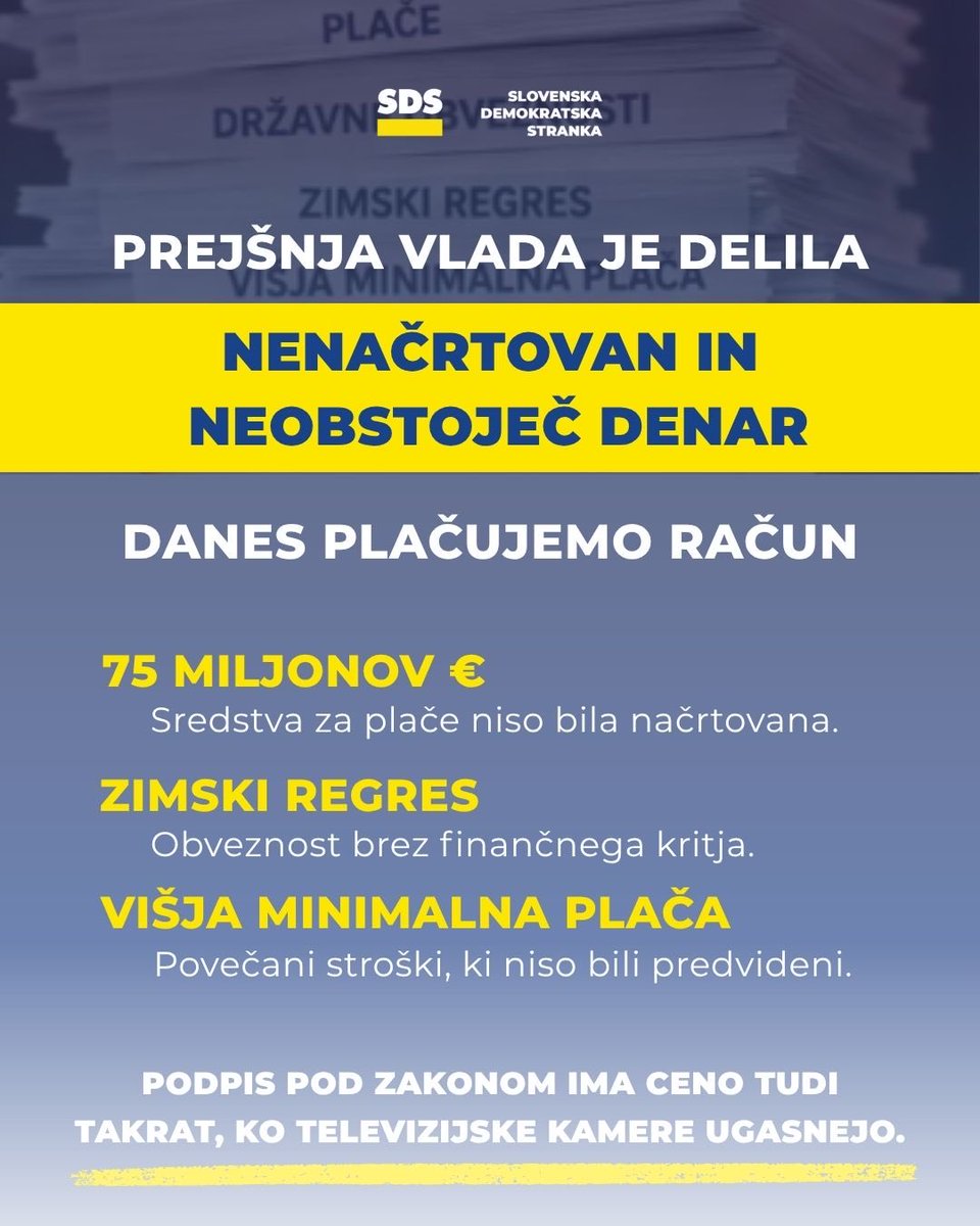 PS_SDS's tweet photo. Predsednik vlade @JJansaSDS je ob predstavitvi rebalansa opozoril na obveznosti, ki po njegovih besedah ob pripravi proračuna niso bile ustrezno finančno pokrite.‼️

Kot primer je izpostavil 75 milijonov evrov, ki jih je bilo maja treba prerazporediti z obrambnega področja za plače zaposlenih v osnovnih šolah.

Posledice takšnega načrtovanja se zdaj kažejo v rebalansu. Ta predvideva 16,5 milijarde evrov prihodkov in 18,8 milijarde evrov odhodkov, kar pomeni 2,2 milijarde evrov oziroma 2,9 % BDP primanjkljaja.