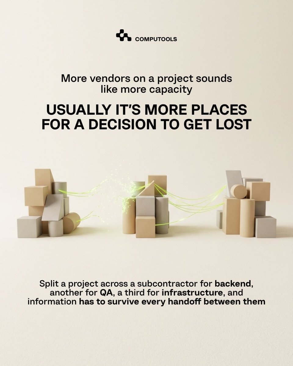 ComputoolsLLC's tweet photo. Add a fourth vendor to a project, and somewhere in the handoffs, the original requirement quietly changes shape.

We build differently. "Everything – architecture, engineering, quality control, consulting – is built and managed inside our own teams. No third-party vendors." https://t.co/gcXq4Go1cx