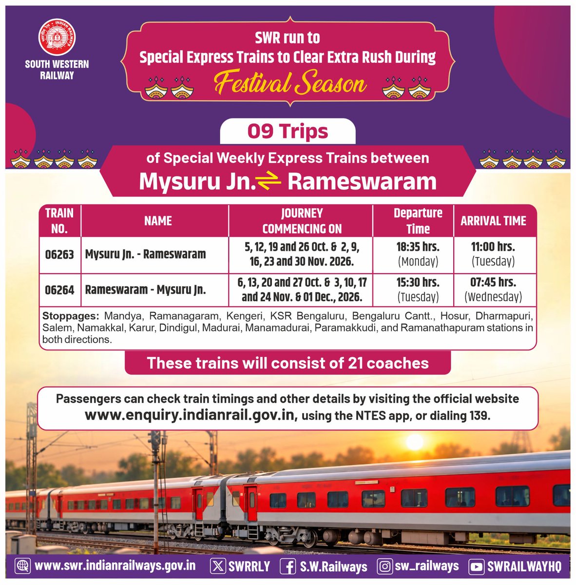 SWRRLY's tweet photo. Kindly note:
To clear the extra rush of passengers during the festival season, SWR will operate Weekly Special Express trains between  #Mysuru - Rameshwaram.
#SWRupdates https://t.co/iqu8q95q1b