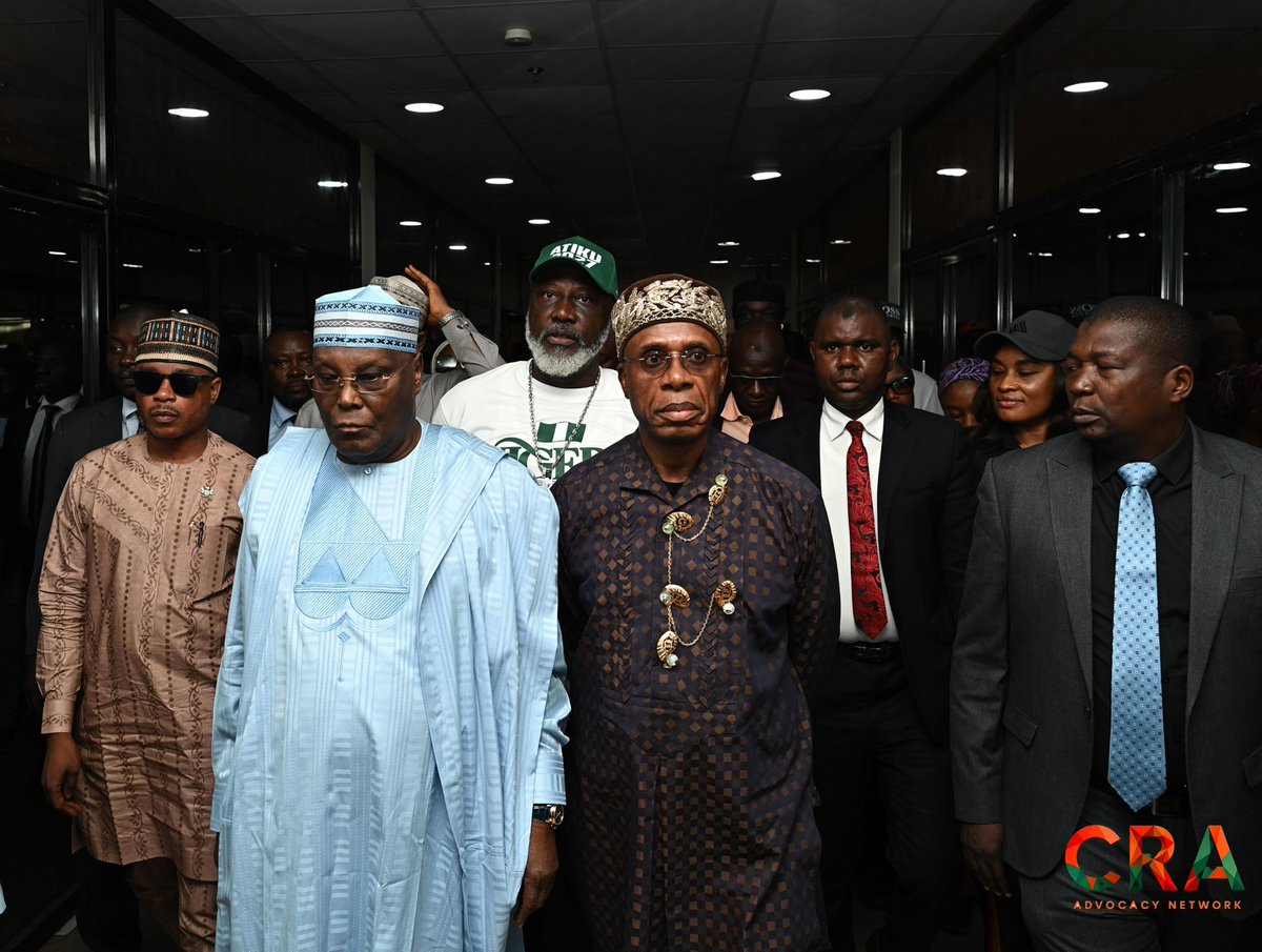 CRA_Advocacy's tweet photo. ADC Presidential Candidate, His Excellency Alhaji Atiku Abubakar, alongside his running mate, His Excellency Rt. Hon. Chibuike Rotimi Amaechi, at the 66th Independence Day International Press Conference, where HE Atiku Abubakar is currently delivering his address. https://t.co/O9SepyLhJb