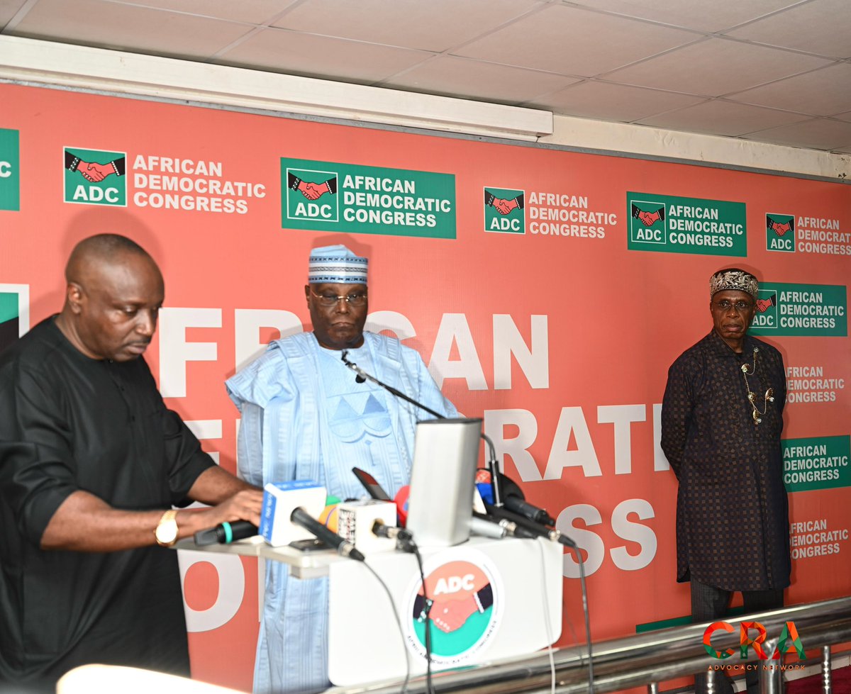 CRA_Advocacy's tweet photo. ADC Presidential Candidate, His Excellency Alhaji Atiku Abubakar, alongside his running mate, His Excellency Rt. Hon. Chibuike Rotimi Amaechi, at the 66th Independence Day International Press Conference, where HE Atiku Abubakar is currently delivering his address. https://t.co/O9SepyLhJb