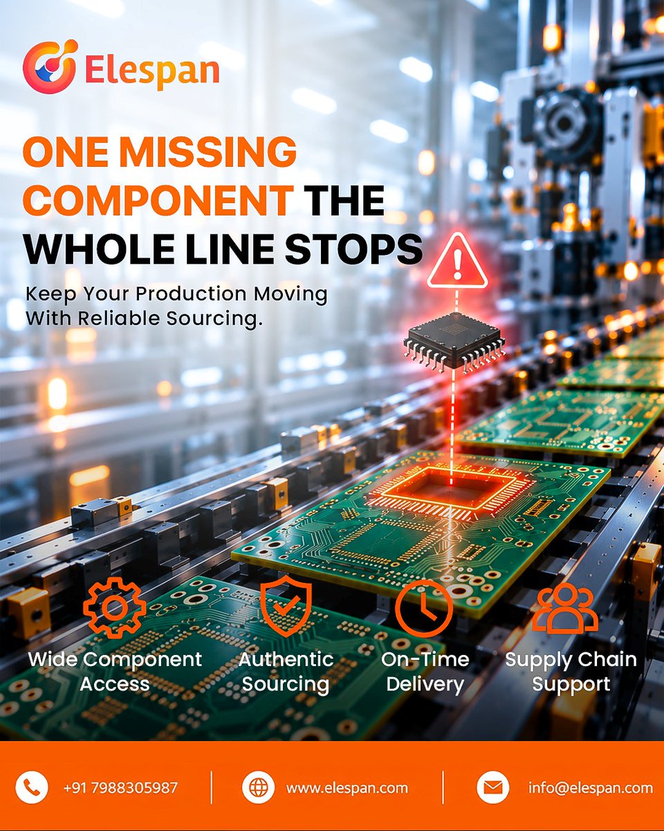 elespan_1's tweet photo. One missing component can stop an entire production line. ⚙️

Elespan keeps your sourcing reliable with authentic components, wide access, on-time delivery &amp; supply chain support.

🌐 https://t.co/YmHOnvuHRN
📞 +91 7988305987

#Elespan #ComponentSourcing #SupplyChain #Electronics https://t.co/dQuDzJ9W6X