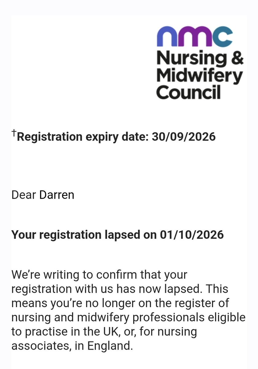 DarrenBar88's tweet photo. I am no longer a registered nurse.

Not through any choice, but because I got #LongCovid.

2 years ago I lost my nursing job because I'm too ill too work. Today my nursing registration expired.

20+ yrs given to the NHS. Ended by getting a disease without a cure. https://t.co/D55pBe0oPw