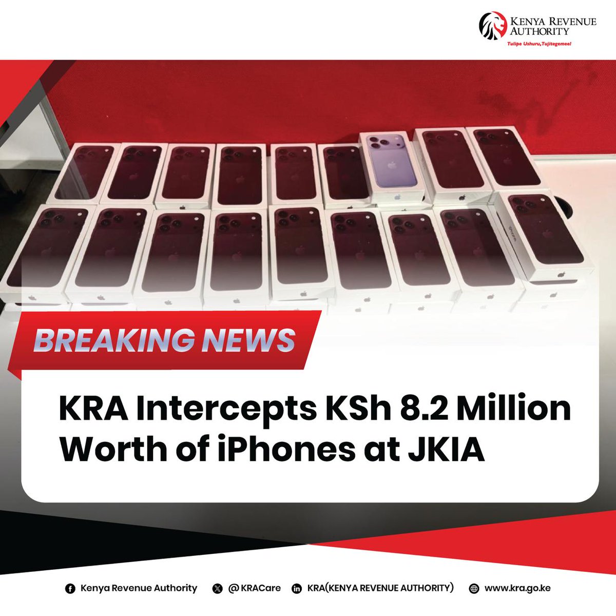 KRACorporate's tweet photo. BREAKING: KRA Customs officers at JKIA intercepted 40 undeclared iPhone 18 Pro/Pro Max phones worth KSh 8.2M at JKIA. 
A passenger from Dubai, who had entered Kenya 4 times in 9 days, admitted he was a courier for a Dubai client. KRA warns travellers against carrying undeclared goods for third parties.