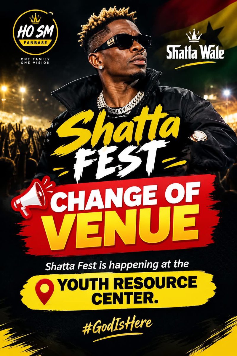 WebkidAfrika's tweet photo. Shatta Fest is still on — new venue only.
We’ve moved the party to the Youth Resource Center. Same energy, same Shatta Movement, just a different location. Pull up, come correct, and let’s run it.
One family. One vision.

#ShattaFest #ChangeOfVenue #YouthResourceCenter #GodIsHere #ShattaWale #ShattaMovement #SM4LYF