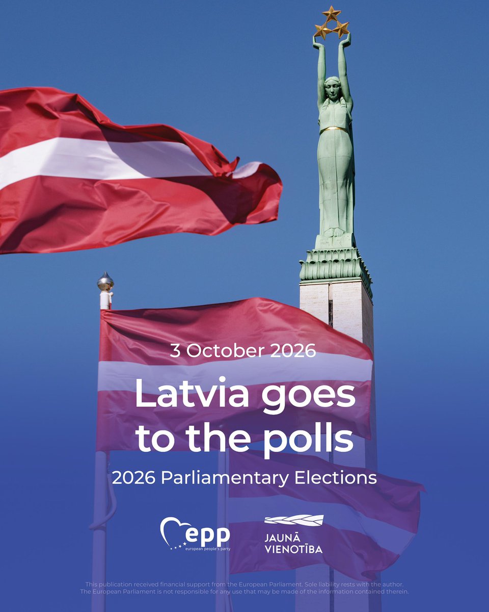 EPP's tweet photo. In these volatile times, Latvian citizens can count on @Jauna_Vienotiba to defend democracy, strengthen security, and uphold shared European values.

As Latvia heads to the polls, we wish the best of luck to Vienotība, the party of Europe and a staunch supporter of Ukraine. https://t.co/GspzhVnJHh