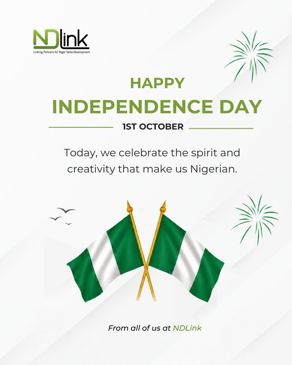 _NDLink's tweet photo. 𝗡𝗶𝗴𝗲𝗿𝗶𝗮 𝗮𝘁 𝟲𝟲.

Celebrating the people and communities shaping a more peaceful, inclusive and sustainable future.

𝗛𝗮𝗽𝗽𝘆 𝗜𝗻𝗱𝗲𝗽𝗲𝗻𝗱𝗲𝗻𝗰𝗲 𝗗𝗮𝘆, 𝗡𝗶𝗴𝗲𝗿𝗶𝗮!

#NigeriaAt66 #IndependenceDay #NDLink https://t.co/NHtRkj42xg
