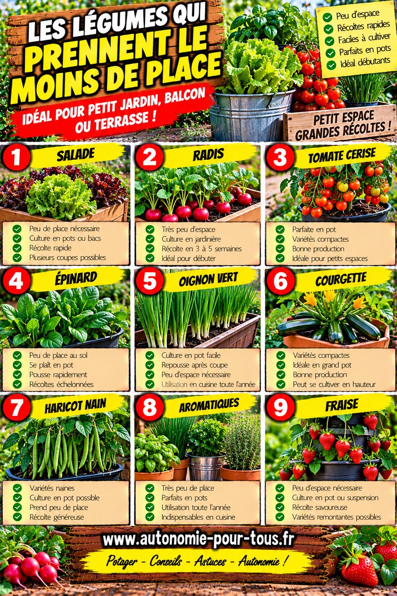 AutonomieReel's tweet photo. #Potager #Balcon #Récolte 🥕 Peu de place ? Choisissez les bons légumes ! Quand chaque mètre carré compte, mieux vaut privilégier les cultures compactes et certaines variétés adaptées aux pots. Radis, laitues, épinards, tomates cerises, aromates et fraises permettent notamment de produire sur une terrasse, un balcon ou dans un petit jardin. https://t.co/zLuDXh28vg