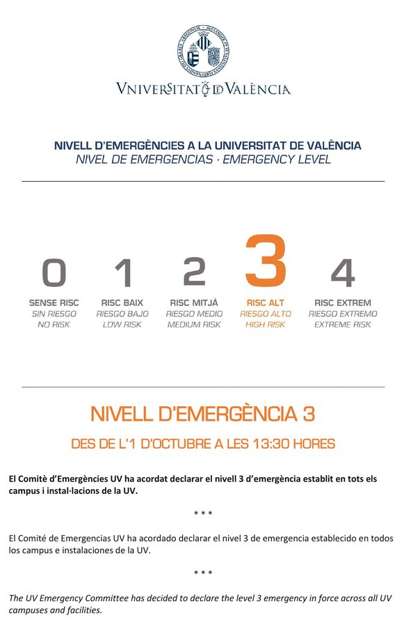 FMatemaUV_EG's tweet photo. El Comitè d’Emergències de la Universitat de València ha acordat elevar al NIVELL 3 el protocol d'emerg��ncies a partir de les 13:30 h de hui i fins a nova revisió de la situació.  Més informació en
https://t.co/RvneQquvFx https://t.co/7PUsmY02w4