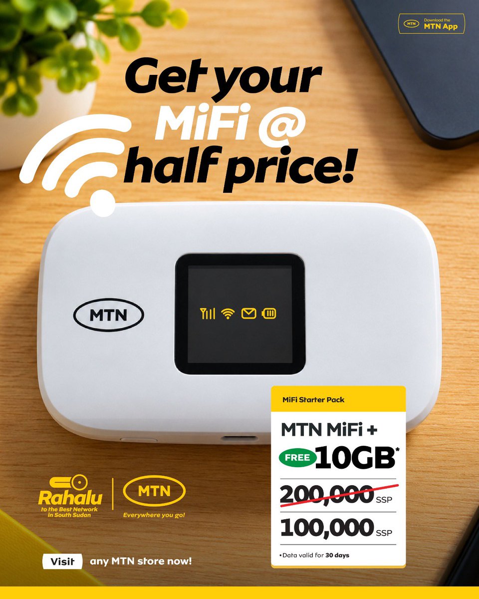 MTNSSD's tweet photo. For 100,000 SSP, get the MTN 4G Pocket MiFi + 10GB FREE data and keep your internet game strong wherever you go.
Get yours at your nearest MTN Shop and pay with MoMo.
#Switch2MTN #BestNetwork https://t.co/oLpp52c55x