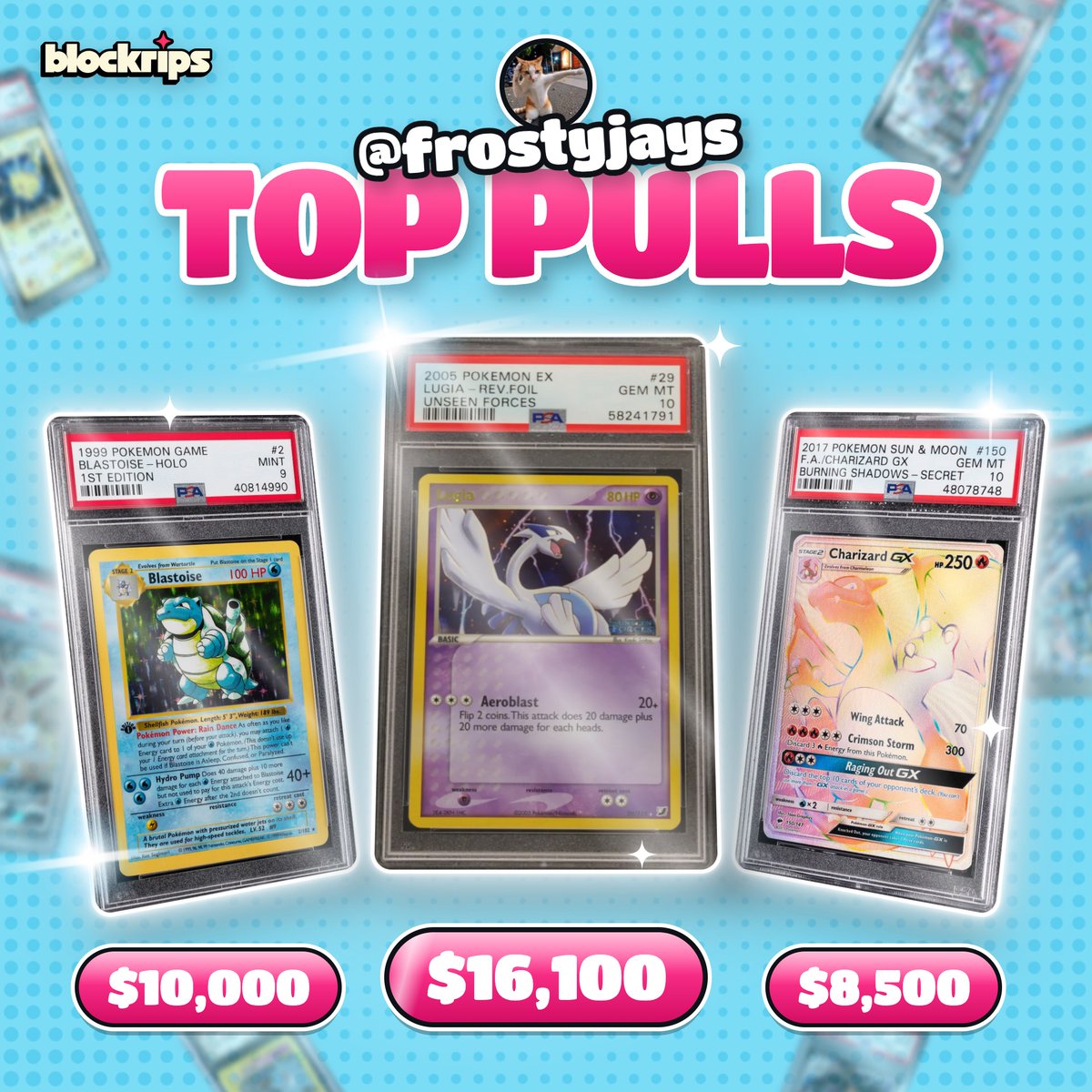 BlockRips's tweet photo. FROSTYJAYS HAS BEEN RIPPING DIFFERENT.

@FrostyJayss's biggest pulls so far:

£16.1K - Lugia Rev Holo Unseen Forces PSA 10
£10K - 1st Ed Holo Blastoise PSA 9
£8.5K - Rainbow Charizard GX PSA 10

Three grails. One ridiculous collection. https://t.co/jZATvyxf2v