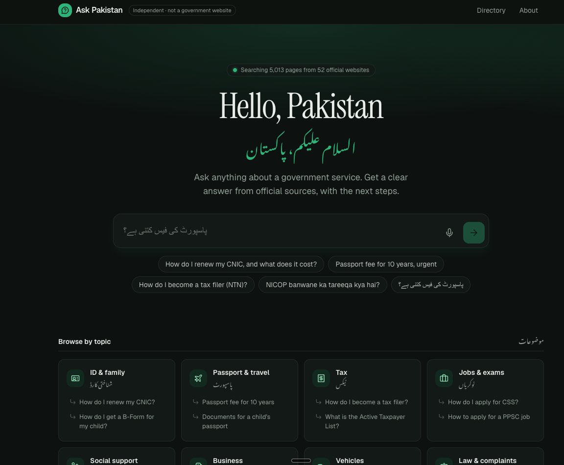 rawheeel's tweet photo. The US just launched one AI front door to 29,000+ government websites.

So I built one for Pakistan 🇵🇰

Ask in English, Urdu or Roman Urdu. It answers only from official govt sites, with sources.

Shared it on LinkedIn, 1,000+ users in few hours 🤯

https://t.co/YJVLm7wUpB https://t.co/kHzgXHXLMp