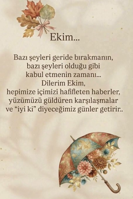 An autumn-themed Turkish greeting card with the text 'Ekim...' (October) and a message about leaving things behind and accepting them as they are, decorated with autumn leaves and a floral umbrella.