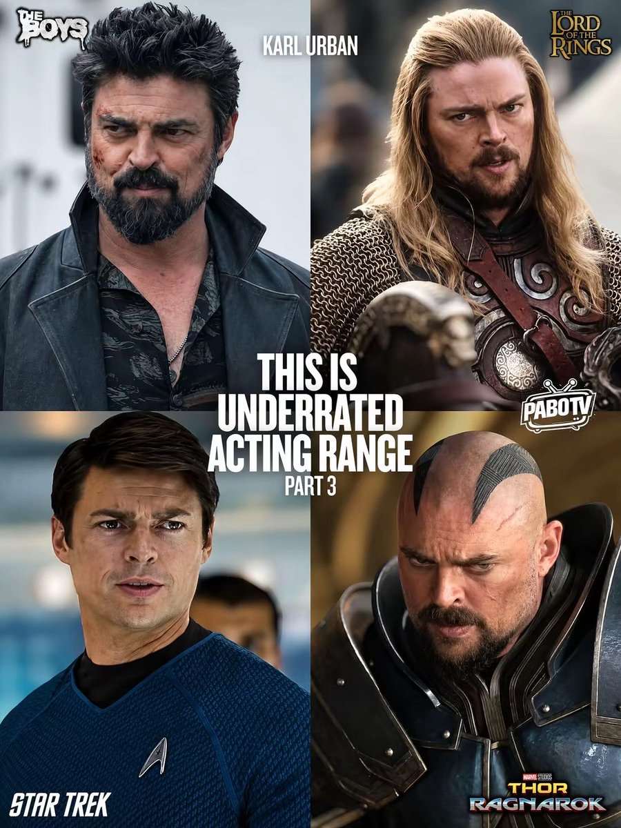 HELEGT's tweet photo. Photo by Benji on September 06, 2026. An image featuring costumes, posters, and text about Karl Urban’s underrated acting range. https://t.co/s0dI2dupNE