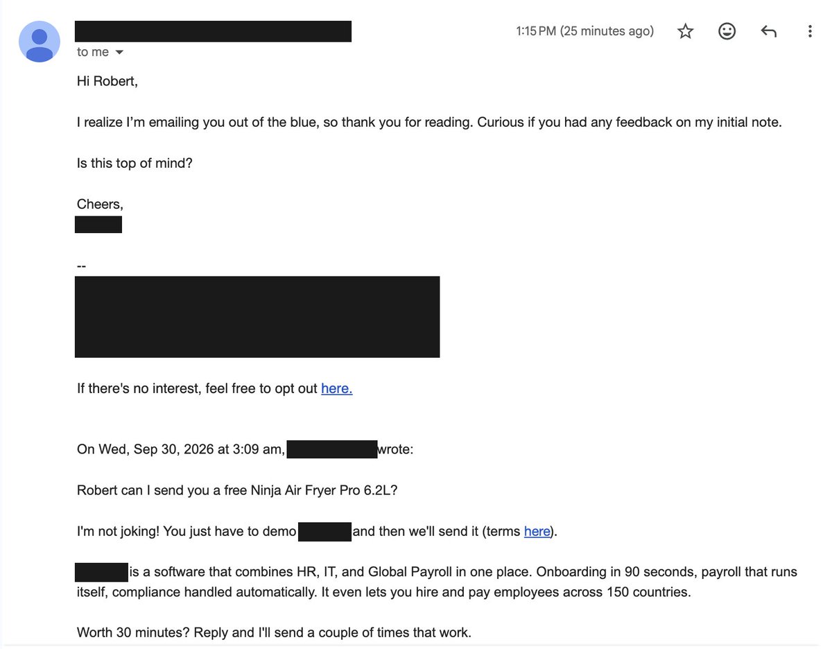 iamrobertvija's tweet photo. Got offered a free air fryer to sit through a 30 minute SaaS demo.

The air fryer has terms. Qualification review. Must complete the demo in 30 days. I pay the import duty. 

GEOflux just sends agencies 7 days of real AI visibility data on their own client. No terms. Free. https://t.co/eSJW5GPm4A