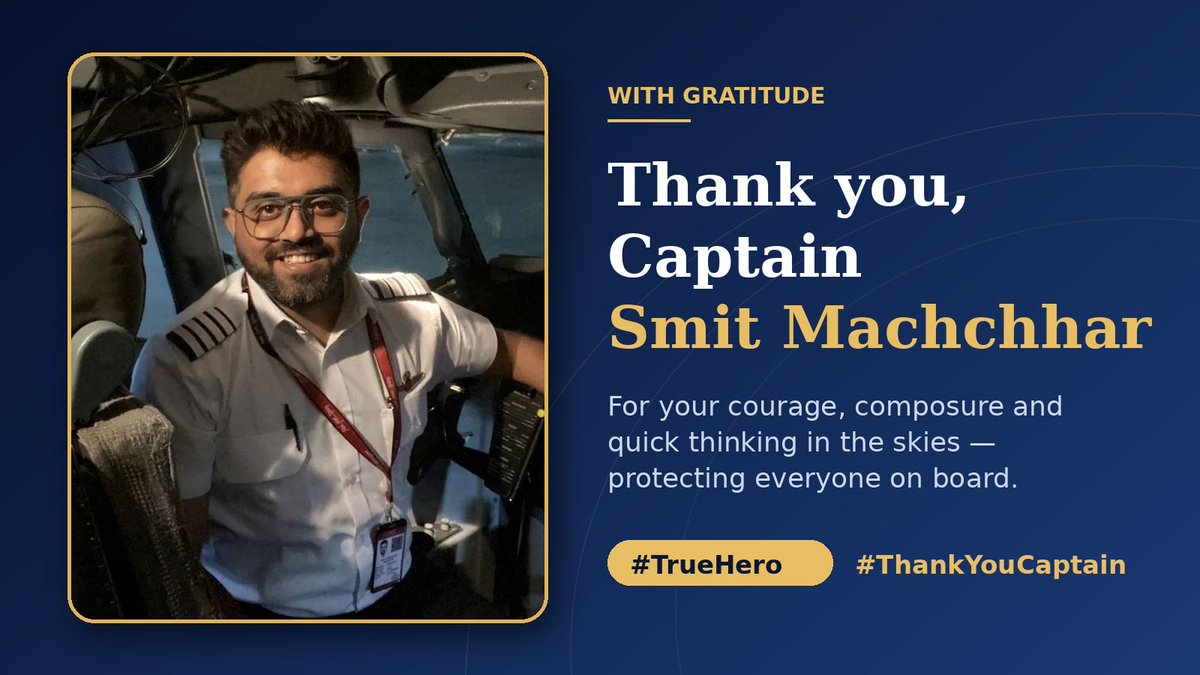 ItrendPavan's tweet photo. Salute to Indian commercial pilot and flydubai Captain Smit Machchhar, whose heroic actions averted a deliberate crash attempt on a recent flight. 🇮🇳 ​#CaptainSmitMachchhar #HeroPilot #flydubai  #IndianPride https://t.co/Dj5eS3Fao5