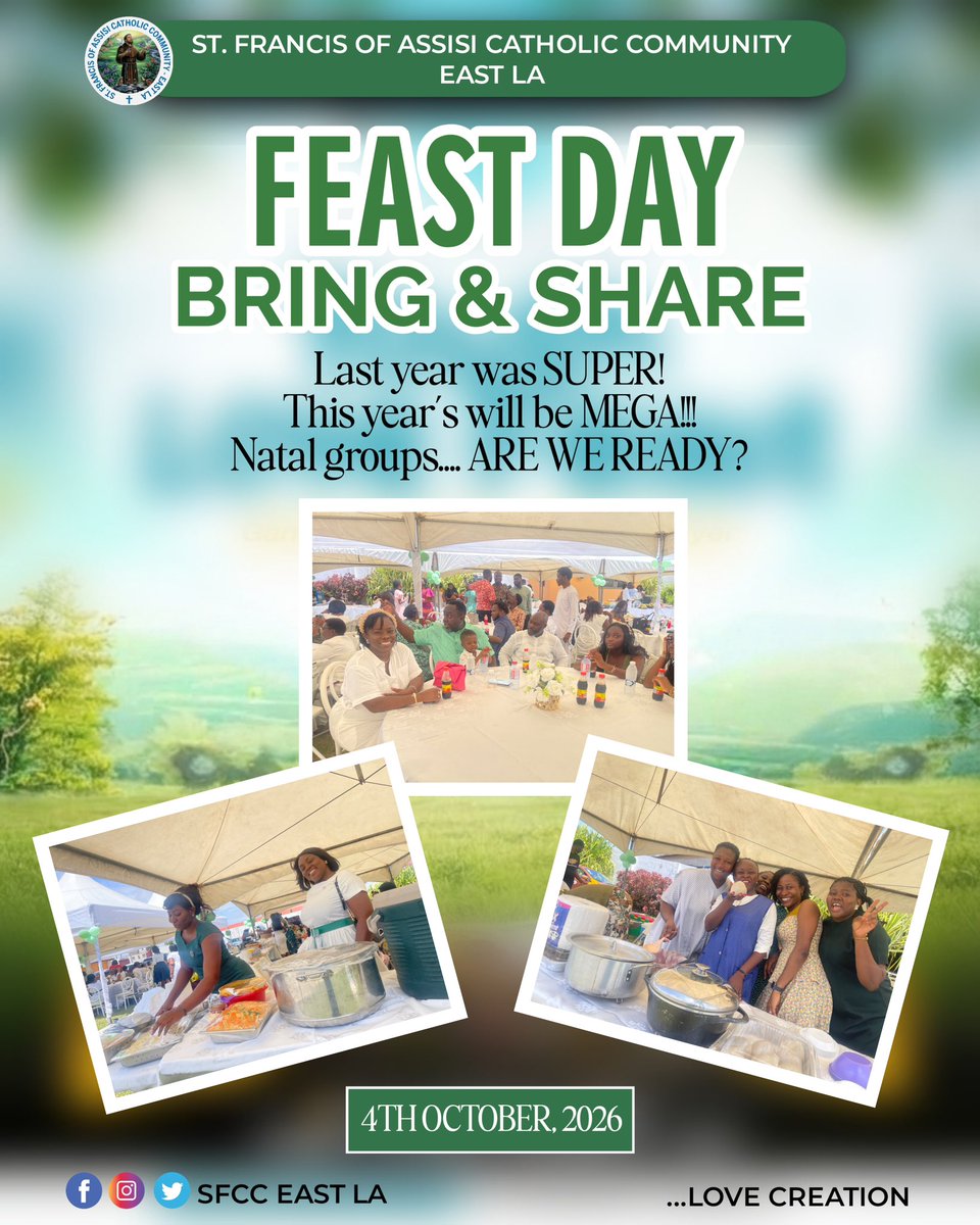 SFCC_EastLa's tweet photo. Natal Groups, are you ready to bring your best to the table? π½οΈπππ₯³
This Feast Day, we eat, share, laugh and celebrate together! β€οΈ
#FeastDay #BringAndShare #StFrancisOfAssisi #SfccAt8 https://t.co/c1v7JCDYvf