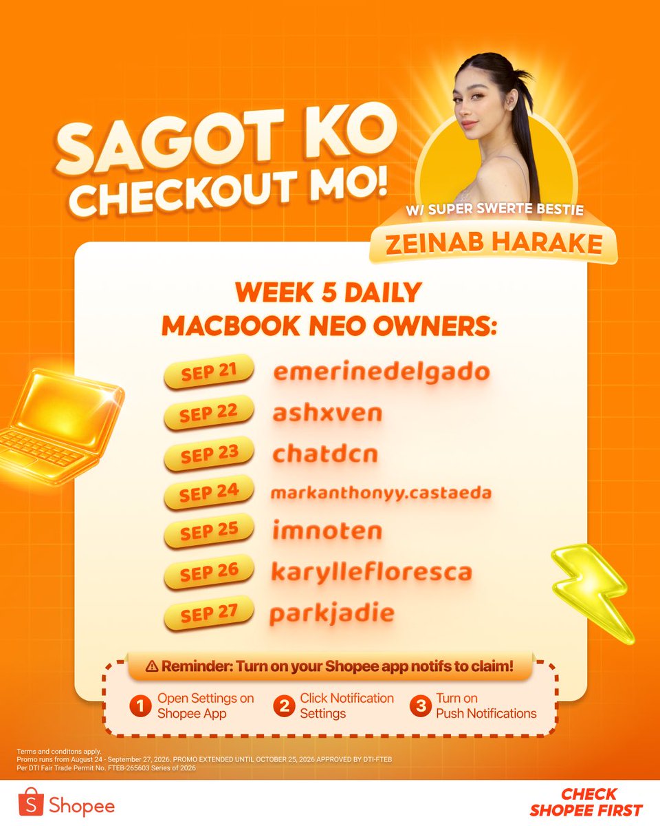 ShopeePH's tweet photo. 5TH BATCH OF MACBOOK NEO OWNERS ARE HERE 💻🧡

Besties, we are extended! ARAW-ARAW kayong may chance na malibre sa checkout ngayong OCTOBER! 👀

Kaya CHECK OUR PINNED POST and sundin ang steps to verify your entries 🙈 Baka ikaw na ay mapasali sa next batch ng pa-laptop namin ni Bestie Zeinab sa #SagotKoCheckoutMo ! 👉 https://t.co/PiQiz8LMxO  

*Shopee usernames are used in this post.