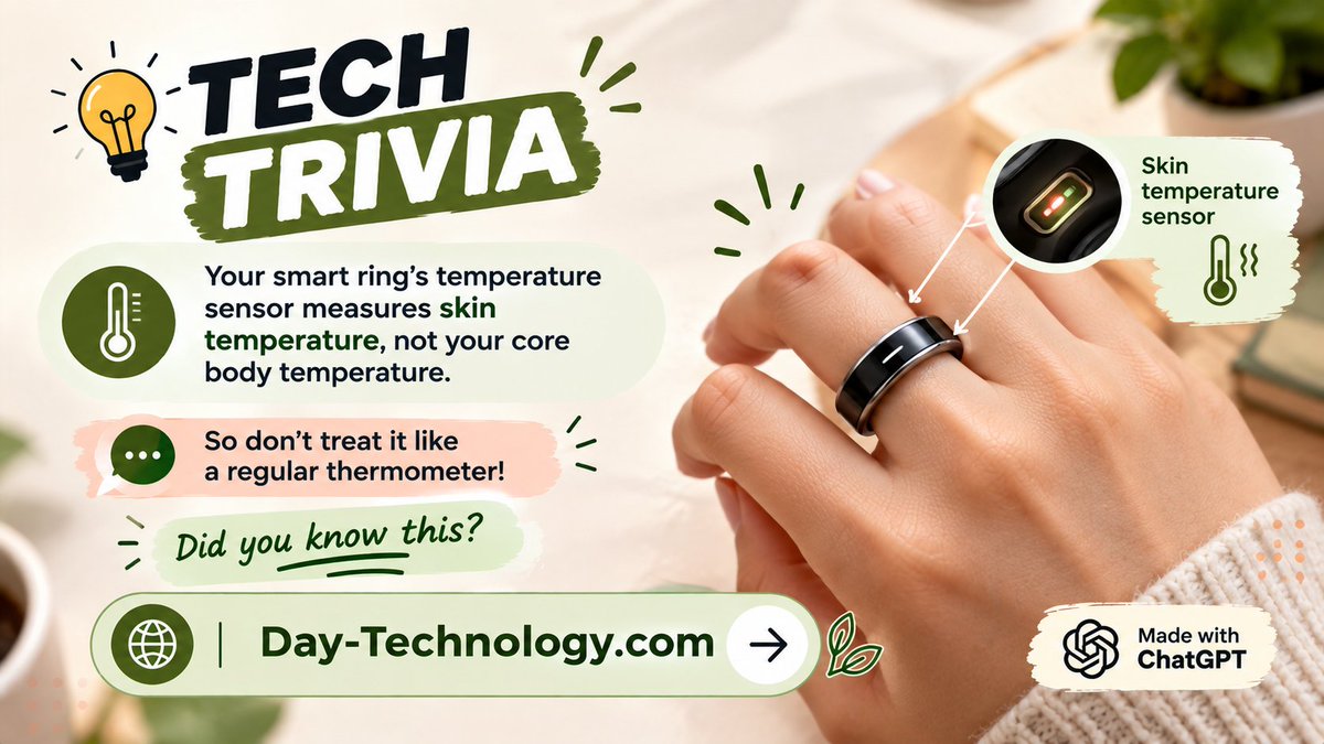 DayTechnology1's tweet photo. π€― Tech Trivia!
π Smart ring temperature sensors measure skin temperature, not core body temperature.
π‘οΈ Not a regular thermometer!
π¬ Did you know?
π More gadget insights: https://t.co/ZBKfaP3plB
#TechTrivia #TechFacts #SmartRing #DidYouKnow #DayTechnology https://t.co/KDAmSfC78D
