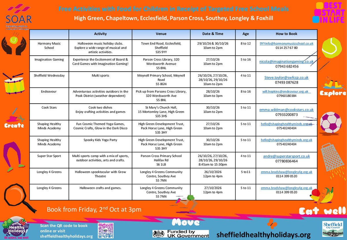 OfficialEcco's tweet photo. 📢 Free October Half-Term Activities for Children Eligible for Free School Meals! 🍂🎃

Are you looking for ways to keep your child active, engaged and having fun this half term? A range of FREE activities with food provided are available across Ecclesfield, High Green, Chapeltown, Parson Cross, Firth Park, Shiregreen, Brightside and surrounding areas.

🎨 Arts & crafts
 ⚽ Multi-sports and football camps
 🎲 Board gaming sessions
 🎵 Music workshops
 🥾 Outdoor adventures
 🧘 Yoga and wellbeing activities
 🎃 Halloween-themed events

There are activities available for a wide range of ages, with places available for children receiving Targeted Free School Meals.

📅 Booking opens from Friday 2nd October at 3pm

📲 Scan the QR code on the posters or visit: https://t.co/jY2WoZP98P

Please share with family and friends who may benefit from these fantastic opportunities this half term.

#EcclesfieldSchool #HealthyHolidays #HalfTermActivities #OctoberHalfTerm #SchoolCommunity 🍁🍂