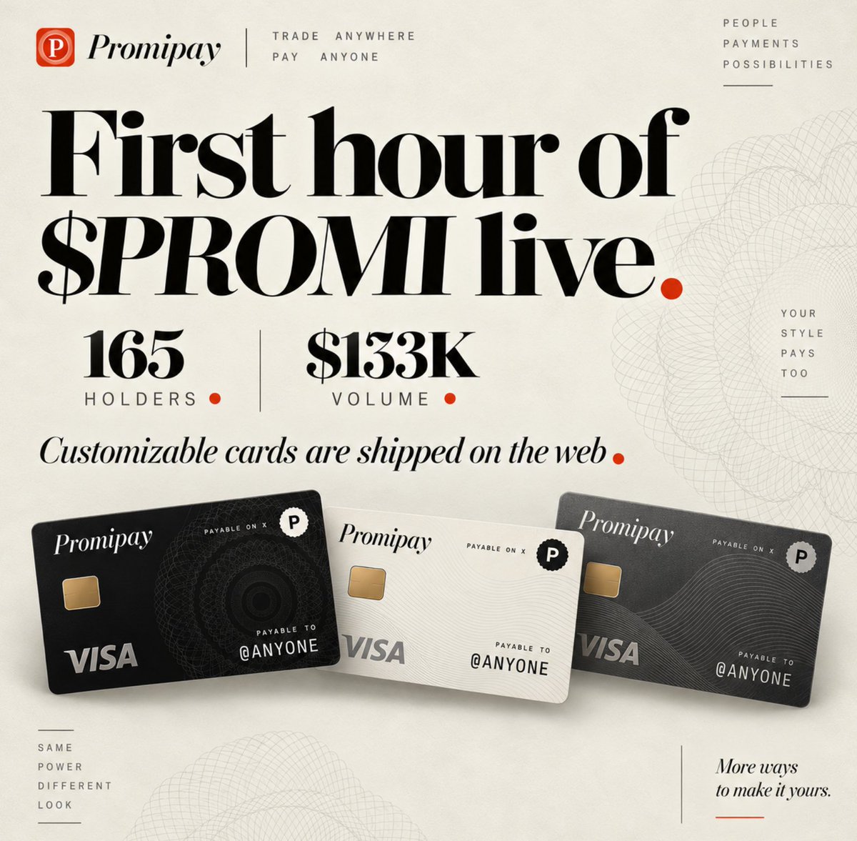 promipay's tweet photo. First hour of $PROMI live.

165 holders.

$133K volume.

Customizable cards are shipped on the web. 

And we’re only getting started. https://t.co/TM7mkHjxY8