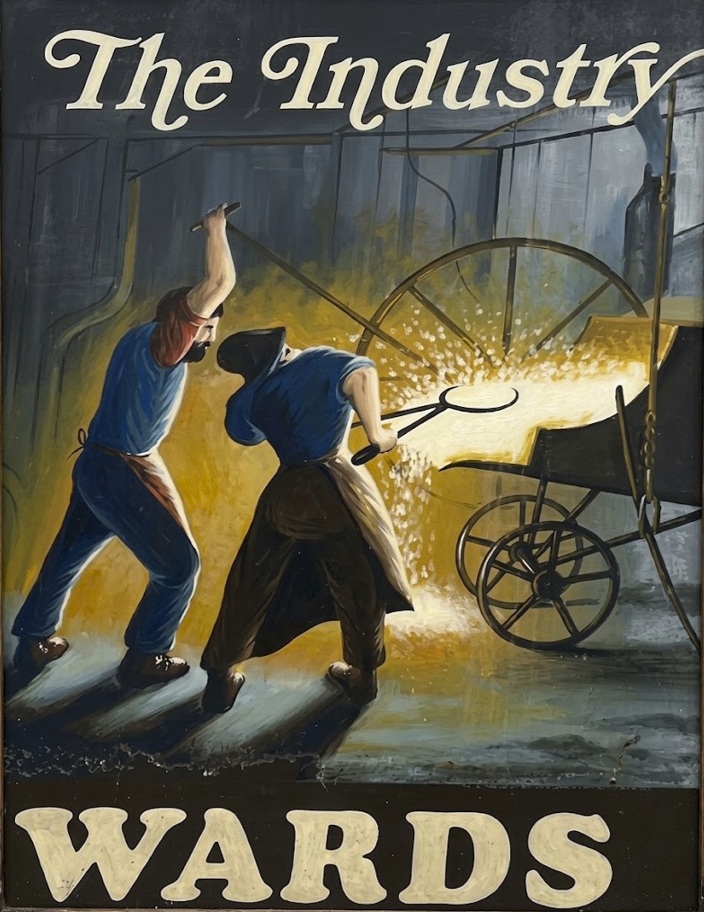 JSilloth's tweet photo. Pub Sign of the Week: The Industry, Darnall.

Thirsty work as sparks fly at a foundry in Sheffield. Rather poignant imagery really. The pub's converted to housing, the local Wards brewery has closed and the steel industry has shrunk beyond recognition.

Hey-ho.

#PubSignThursday https://t.co/zC0yyoaDi1