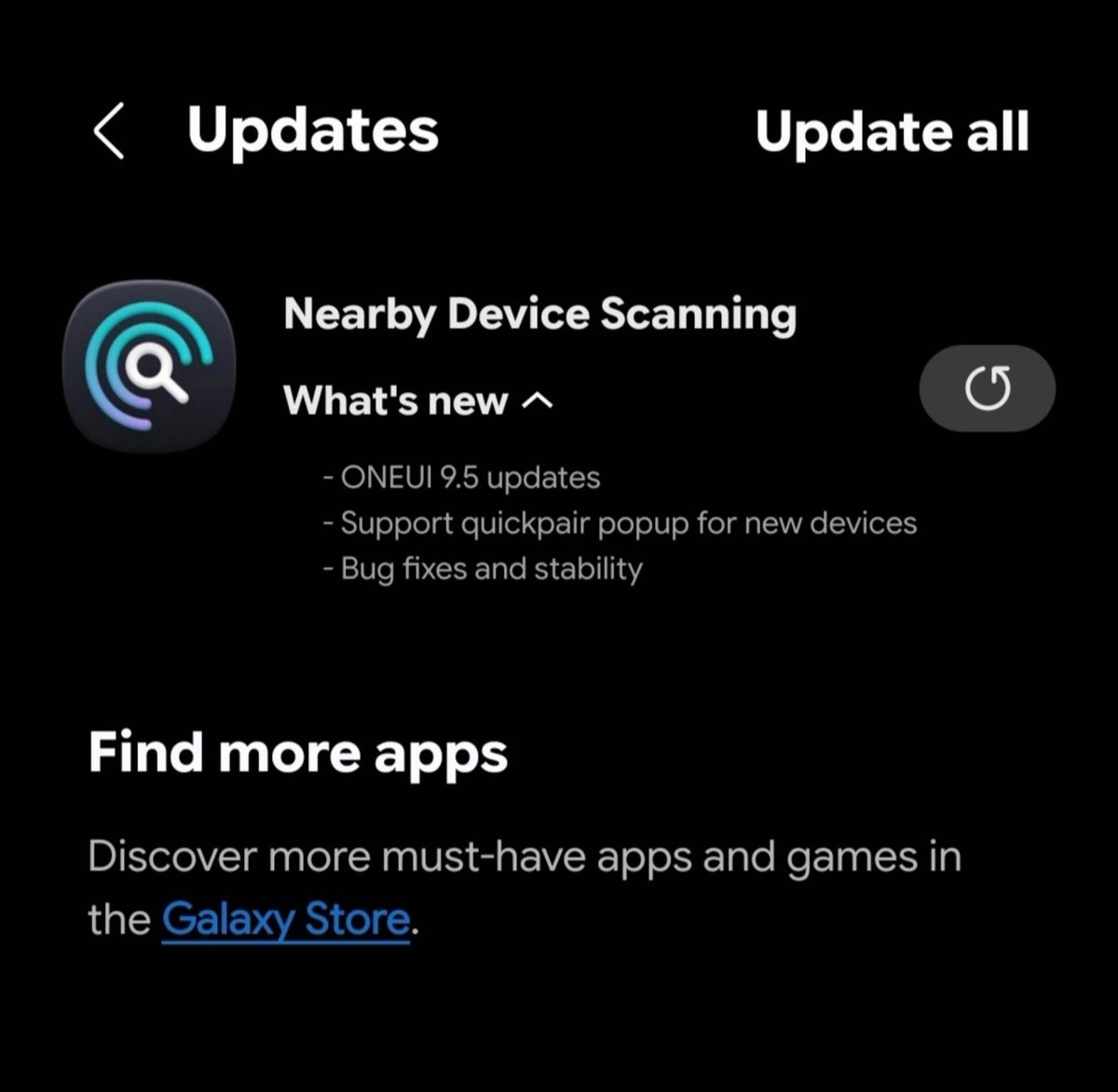 FrankOneDigital's tweet photo. First app updates from One Ui 9.5 are starting to arrive with the first being Nearby Device Scanning.

Newly re-done logo gives us a hint at what they're going with for the latest update. 

The leaked wallpapers (thanks to @thatjoshguy69) were a change from the One Ui 8.0-8.5 and 9.0 images we're used to.

Nearby Device Scanning gets updated to Version-11.1.24.8  

Thanks to @Kailash0729 & @H_bangg_ 

Link in the comments 👇🏼