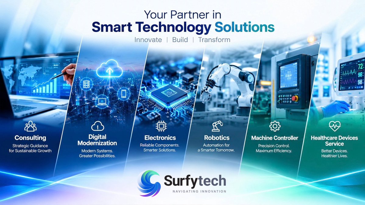 surfytech's tweet photo. One technology partner. Multiple capabilities.

Surfytech helps businesses with:

• Technology Consulting
• Digital Modernization
• Electronics
• Robotics
• Machine Controllers
• Healthcare Devices

Innovate. Build. Transform.

📩 Let’s build your next technology solution. https://t.co/f7FaoLqLp9