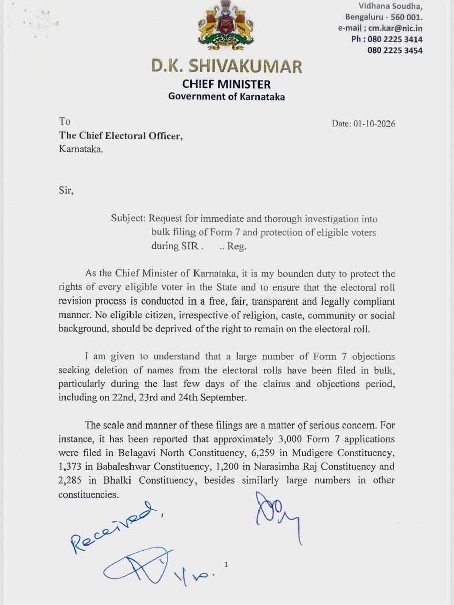 DKShivakumar's tweet photo. As the Chief Minister of Karnataka, it is my bounden duty to protect the right of every eligible voter and ensure that the SIR process is free, fair, transparent and legally compliant.

I have written to the Chief Electoral Officer seeking an immediate and thorough investigation into the large-scale filing of Form 7 objections, including:

• 6,259 applications in Mudigere, around 3,000 in Belagavi North, 2,285 in Bhalki, 1,373 in Babaleshwar and 1,200 in Narasimha Raj, with particularly large numbers reported during September 22, 23 and 24.

• Reports that a substantial number of voters proposed for deletion belong to minority communities, SCs, STs and OBCs, along with cases where voter names and EPIC numbers were pre-printed on Form 7 applications, raising questions about the source and possible misuse of electoral data.

• Individuals filing unusually large numbers of objections, the relationship between objectors and the voters concerned, Form 7 applications returned by BLOs, and allegations of political coordination or facilitation.

I have also urged that the FIRs and available video evidence be examined, an FIR be registered without delay and appropriate criminal action initiated if wrongdoing is established. No eligible voter should be deprived of their right to remain on the electoral roll.