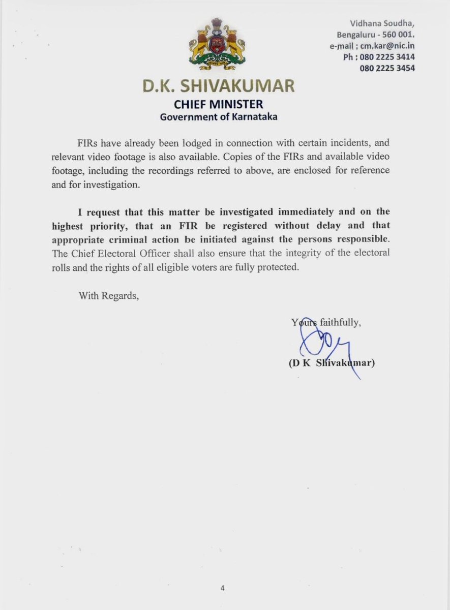 DKShivakumar's tweet photo. As the Chief Minister of Karnataka, it is my bounden duty to protect the right of every eligible voter and ensure that the SIR process is free, fair, transparent and legally compliant.

I have written to the Chief Electoral Officer seeking an immediate and thorough investigation into the large-scale filing of Form 7 objections, including:

• 6,259 applications in Mudigere, around 3,000 in Belagavi North, 2,285 in Bhalki, 1,373 in Babaleshwar and 1,200 in Narasimha Raj, with particularly large numbers reported during September 22, 23 and 24.

• Reports that a substantial number of voters proposed for deletion belong to minority communities, SCs, STs and OBCs, along with cases where voter names and EPIC numbers were pre-printed on Form 7 applications, raising questions about the source and possible misuse of electoral data.

• Individuals filing unusually large numbers of objections, the relationship between objectors and the voters concerned, Form 7 applications returned by BLOs, and allegations of political coordination or facilitation.

I have also urged that the FIRs and available video evidence be examined, an FIR be registered without delay and appropriate criminal action initiated if wrongdoing is established. No eligible voter should be deprived of their right to remain on the electoral roll.