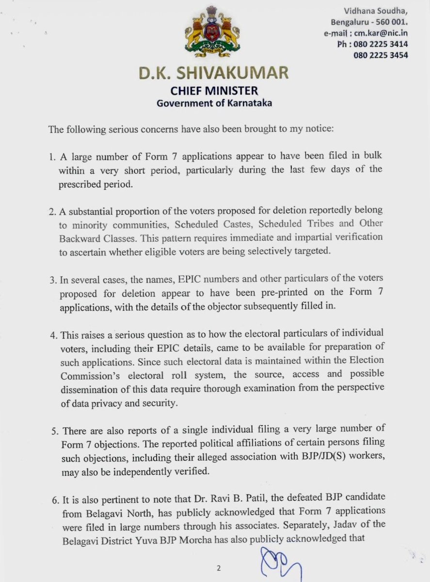 DKShivakumar's tweet photo. As the Chief Minister of Karnataka, it is my bounden duty to protect the right of every eligible voter and ensure that the SIR process is free, fair, transparent and legally compliant.

I have written to the Chief Electoral Officer seeking an immediate and thorough investigation into the large-scale filing of Form 7 objections, including:

• 6,259 applications in Mudigere, around 3,000 in Belagavi North, 2,285 in Bhalki, 1,373 in Babaleshwar and 1,200 in Narasimha Raj, with particularly large numbers reported during September 22, 23 and 24.

• Reports that a substantial number of voters proposed for deletion belong to minority communities, SCs, STs and OBCs, along with cases where voter names and EPIC numbers were pre-printed on Form 7 applications, raising questions about the source and possible misuse of electoral data.

• Individuals filing unusually large numbers of objections, the relationship between objectors and the voters concerned, Form 7 applications returned by BLOs, and allegations of political coordination or facilitation.

I have also urged that the FIRs and available video evidence be examined, an FIR be registered without delay and appropriate criminal action initiated if wrongdoing is established. No eligible voter should be deprived of their right to remain on the electoral roll.