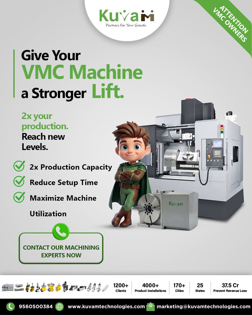 kuvamTechnology's tweet photo. 🚀 Give Your VMC Machine a Stronger Lift!

Unlock more from your existing VMC with the right machining solution:

⚙️ 2X production capacity
⏱️ Reduced setup time
📈 Better machine utilization

#VMC #CNCMachining #CNCManufacturing #Productivity #MachineTools https://t.co/VG377PLG4e