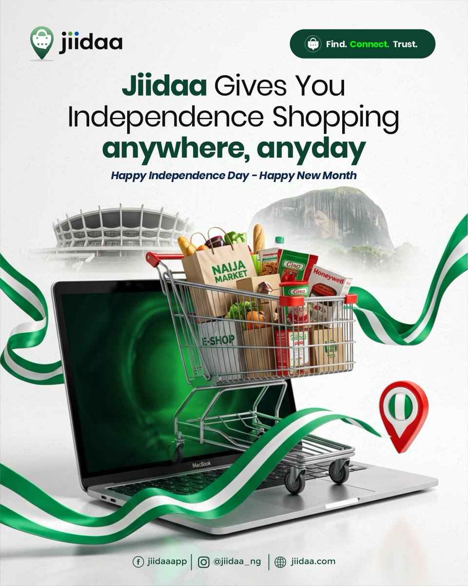 Jiidaa_ng's tweet photo. Nigeria did not wait for permission. Neither did you.

66 years on, it is the vendors who open their shops every morning, through fuel prices, traffic and everything in between, who keep this country moving.

Happy Independence Day from Jiidaa. 🇳🇬

#NigeriaAt66 #HappyIndependenceDay #Jiidaa
