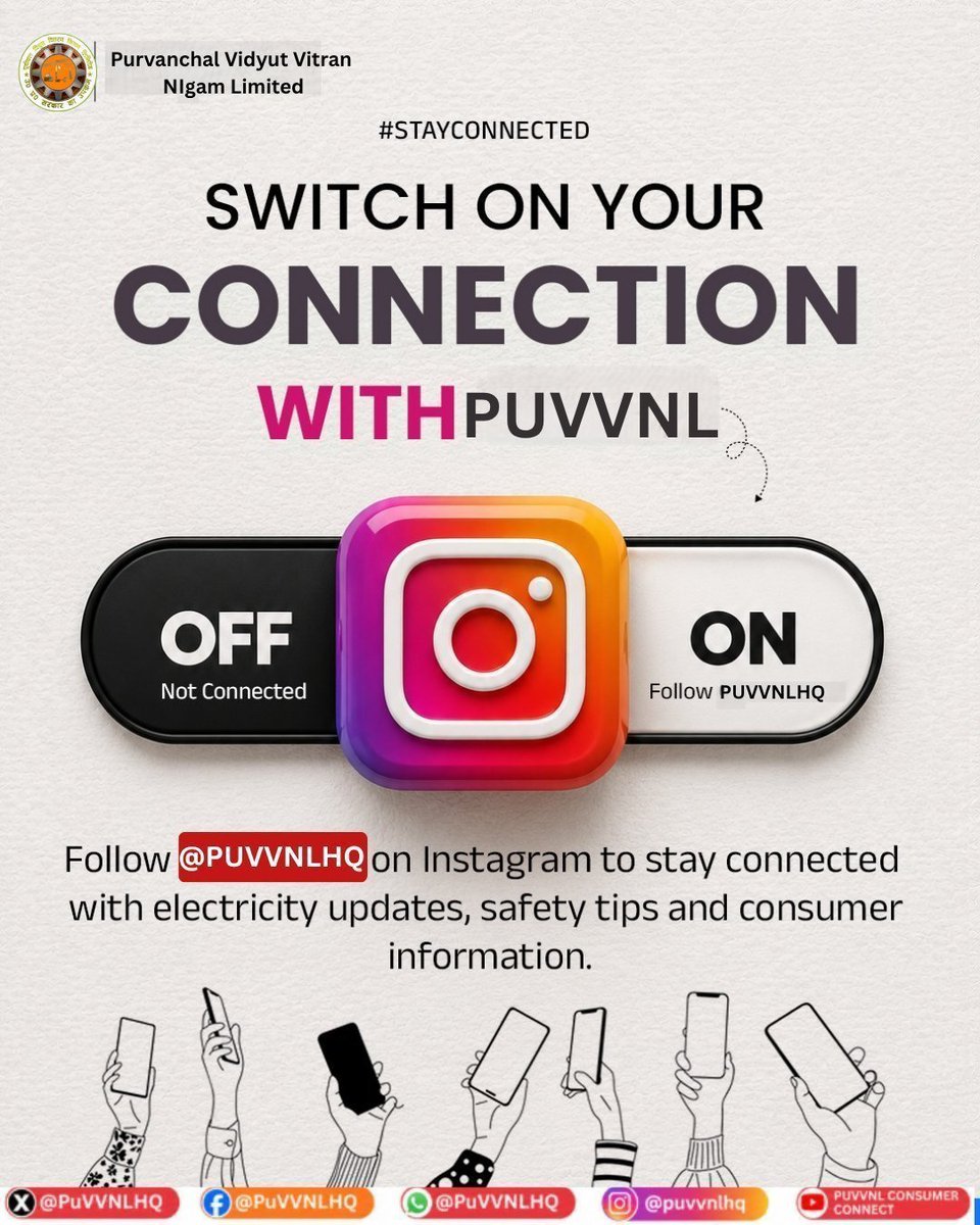 PUVVNLPRTAPGARH's tweet photo. Just like you switch on the power when you need it, switch on your connection with PuVVNL. Follow
@PuVVNLHQ
on Instagram for useful updates, electricity safety tips, consumer services and important information all in one place. #UPPCL #FollowUPPCL #PUVVNL #StayConnected
@PuVVNLHQ @UPPCLLKO