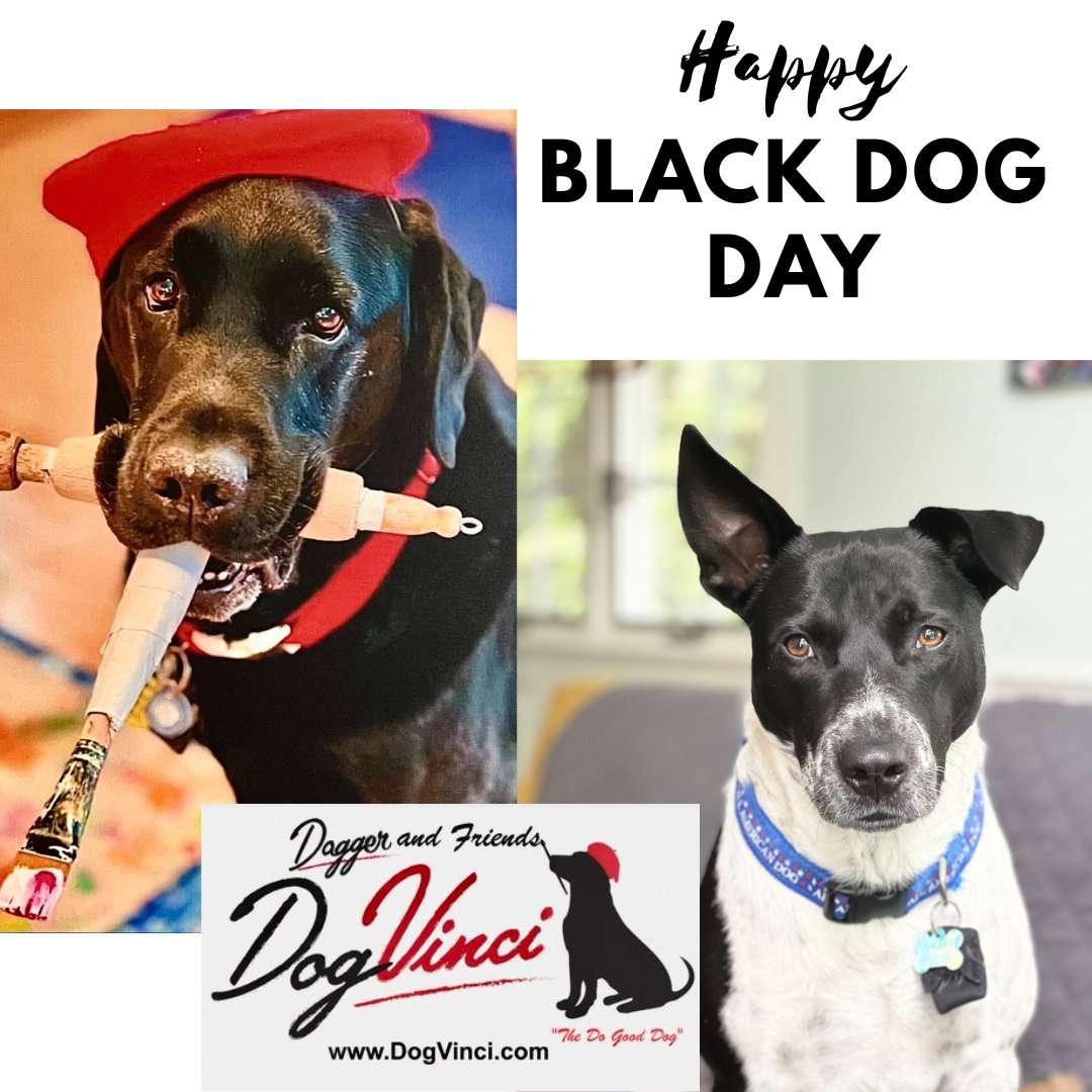 CREATEARTIST's tweet photo. Happy #NationalBlackDogDay! Black dogs are often overlooked in shelters, but they are truly the sweetest companions—just like the famous canine artist Dagger DogVinci &amp; the uniquely spotted Barney! On Oct 6, we celebrate Dagger’s BD &amp; legacy. Read our blog:https://t.co/0v6qIvFj3K https://t.co/IX8MGc7qlK