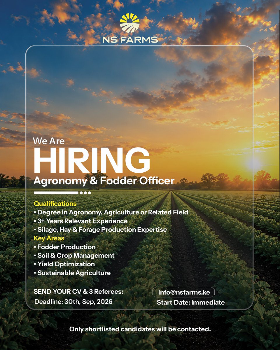 ns93315's tweet photo. WE’RE HIRING! Agronomy &amp; Fodder Officer at NS Farms 
Manage Napier, Rhodes grass, maize silage &amp; other fodder crops. 
3+ years’ fodder experience, agronomy/agriculture degree, silage &amp; irrigated forage expertise required.

Apply now.
#NSFarms #KenyaJobs #AgronomyJobs https://t.co/rTj8AMFra0