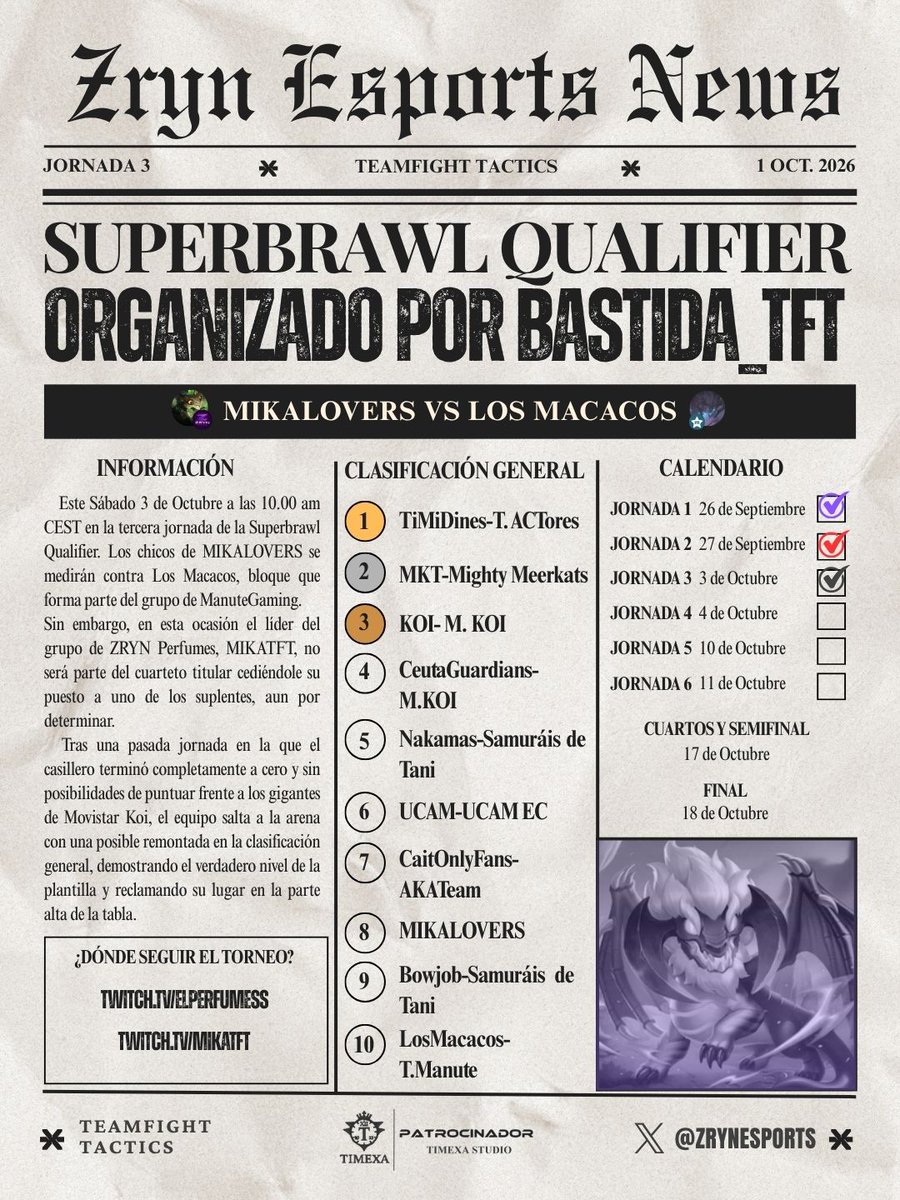 ZRYNesports's tweet photo. ¡NUEVA CITA EN EL TABLERO DEL TFT! 

⚔️MIKALOVERS vs Los Macacos (Team Manute)
📅Sábado 3 de Octubre
⏰10.00 AM CEST
💻Plataforma morada/elperfumess

(Quien no entre en el stream de Perfumes y haya visto el twitt que sepa que es un ratón de los feos 🐁) https://t.co/znBRUSmDDP